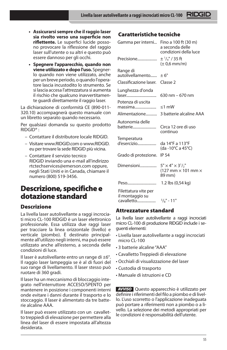 Descrizione, specifiche e dotazione standard, Descrizione, Caratteristiche tecniche | Attrezzature standard | RIDGID micro CL-100 User Manual | Page 57 / 228