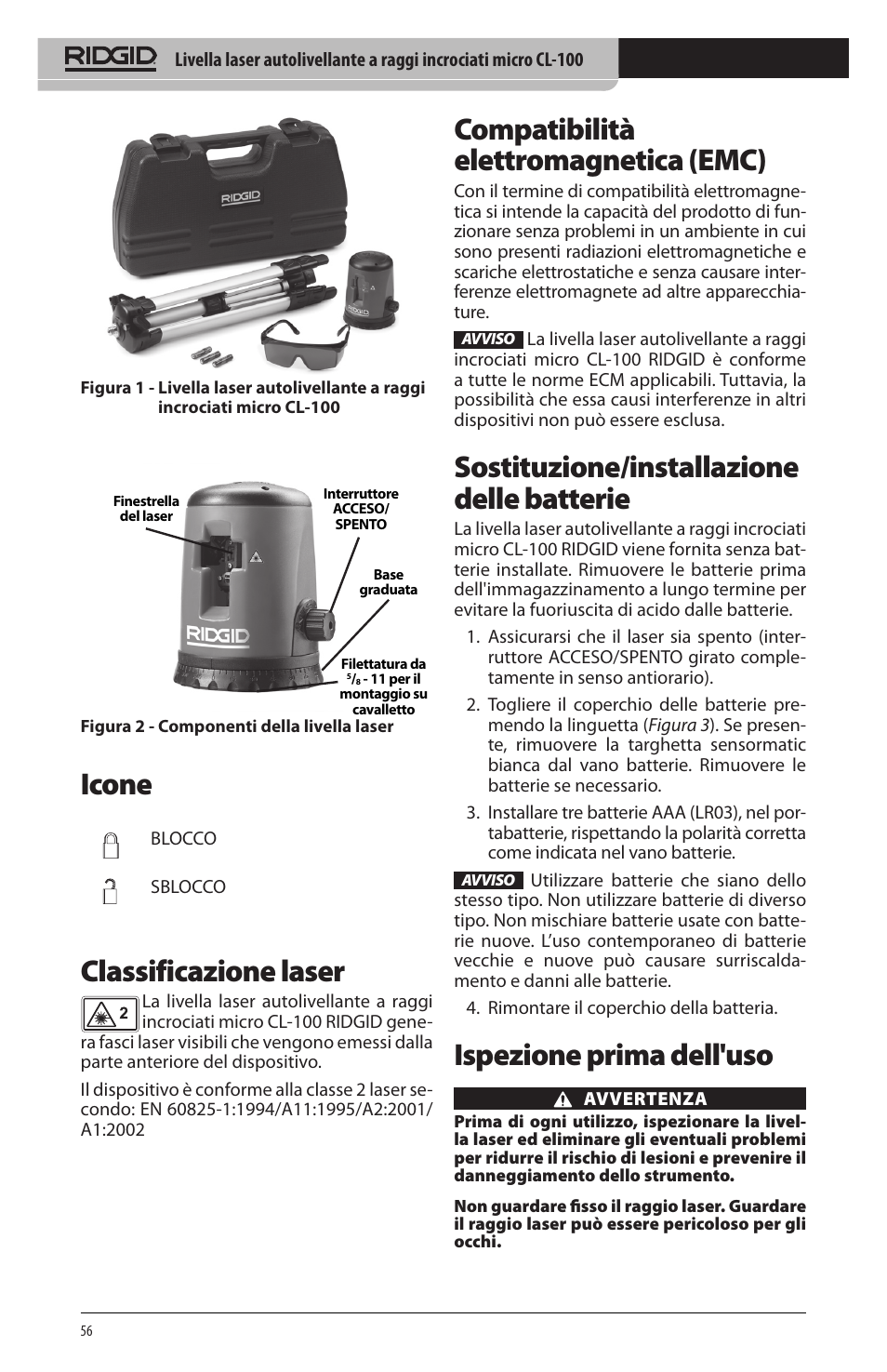 Icone, Classificazione laser, Compatibilità elettromagnetica (emc) | Sostituzione/installazione delle batterie, Ispezione prima dell'uso | RIDGID micro CL-100 User Manual | Page 58 / 228