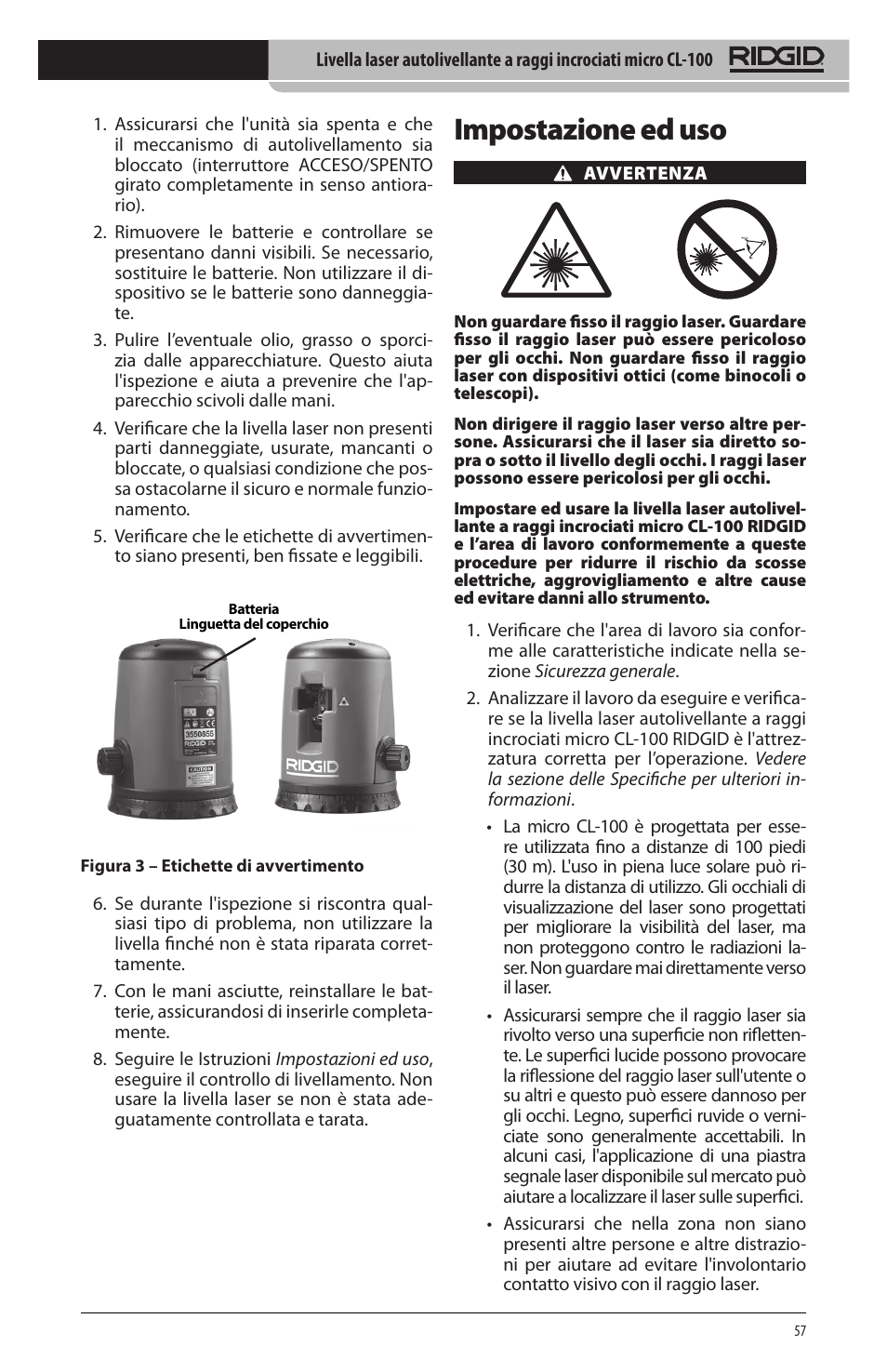 Impostazione ed uso | RIDGID micro CL-100 User Manual | Page 59 / 228