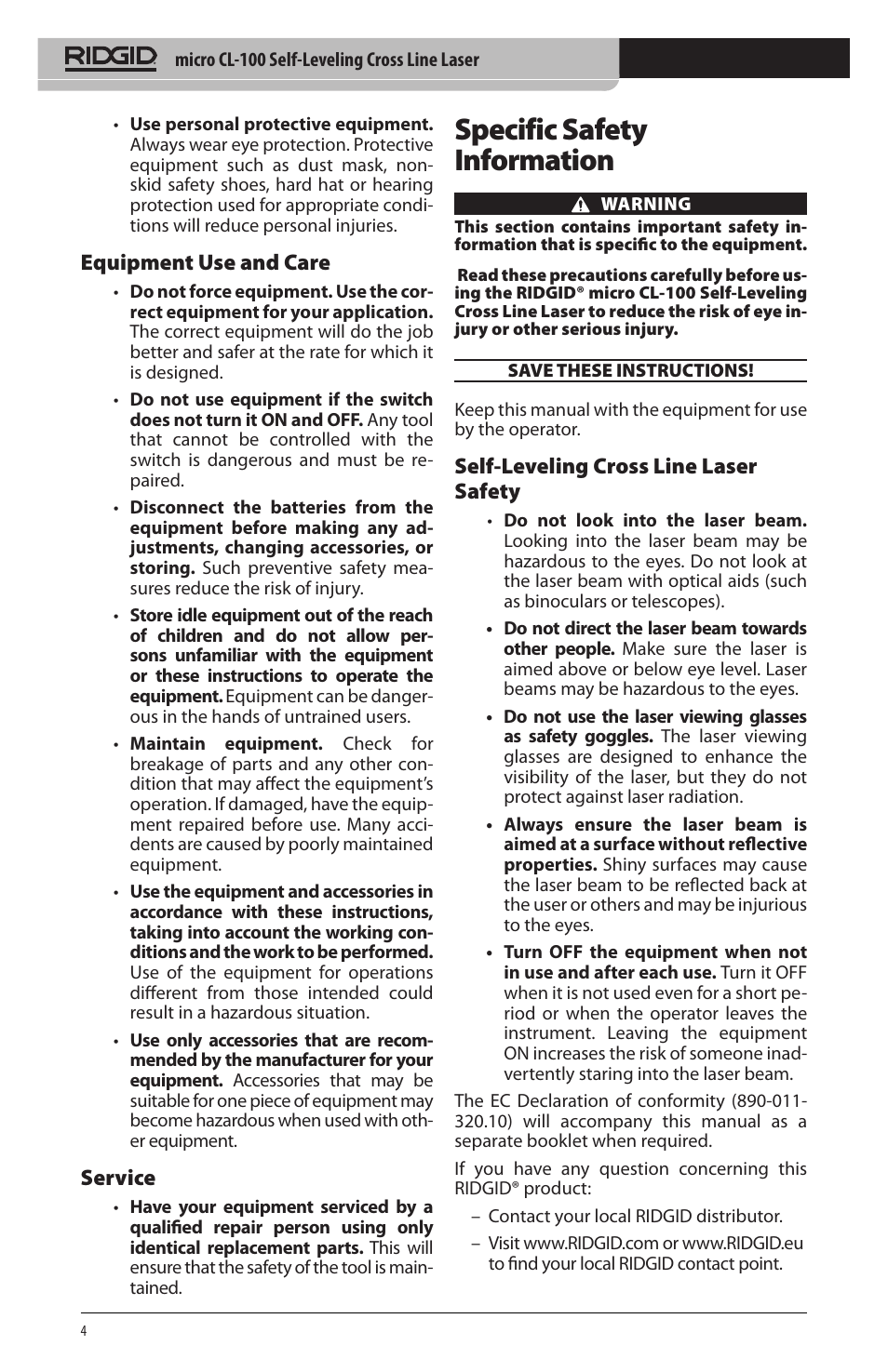 Specific safety information, Equipment use and care, Service | Self‑leveling cross line laser safety | RIDGID micro CL-100 User Manual | Page 6 / 228