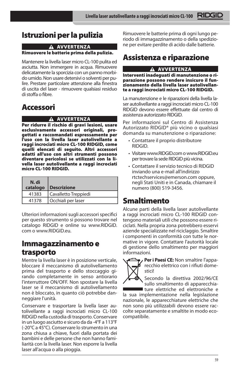 Istruzioni per la pulizia, Accessori, Immagazzinamento e trasporto | Assistenza e riparazione, Smaltimento | RIDGID micro CL-100 User Manual | Page 61 / 228