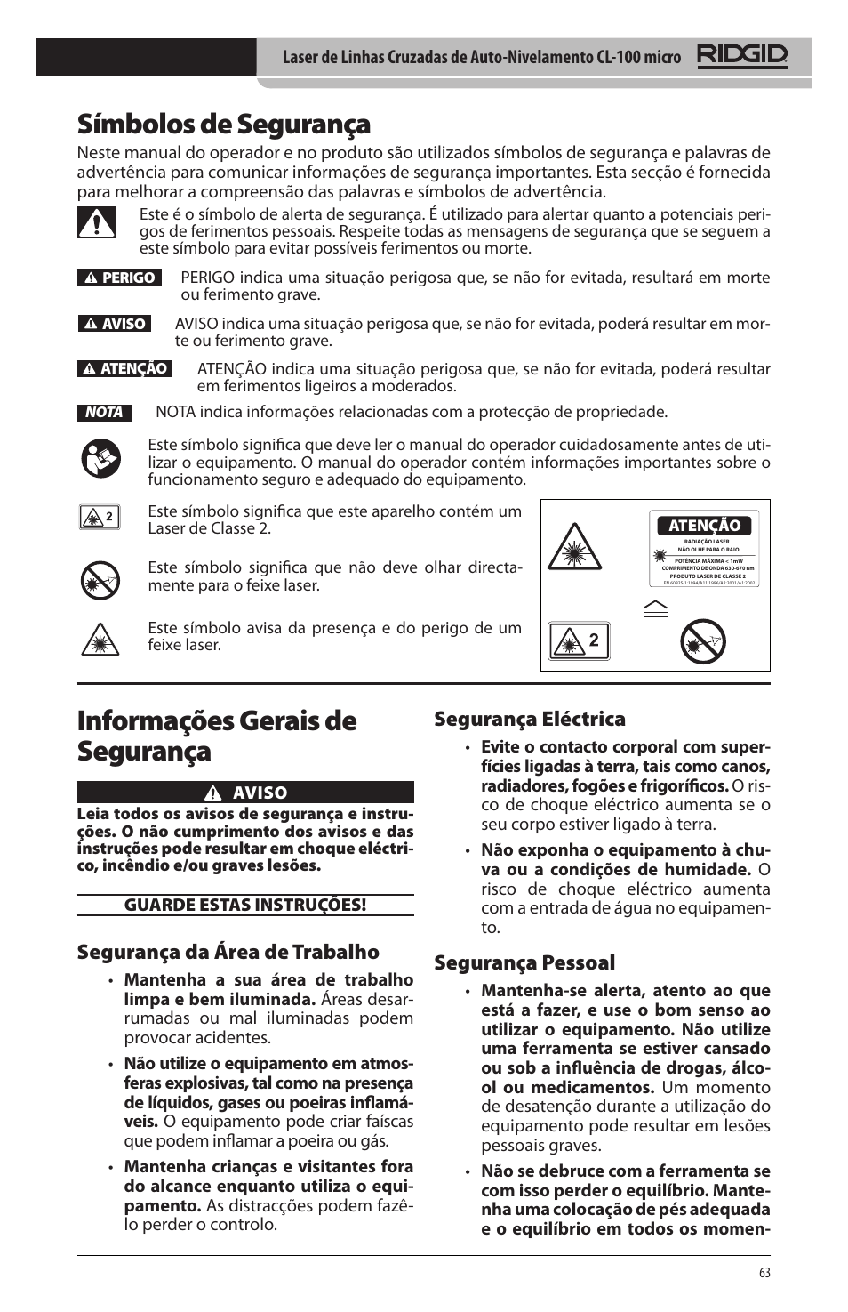 Símbolos de segurança, Informações gerais de segurança, Segurança da área de trabalho | Segurança eléctrica, Segurança pessoal | RIDGID micro CL-100 User Manual | Page 65 / 228