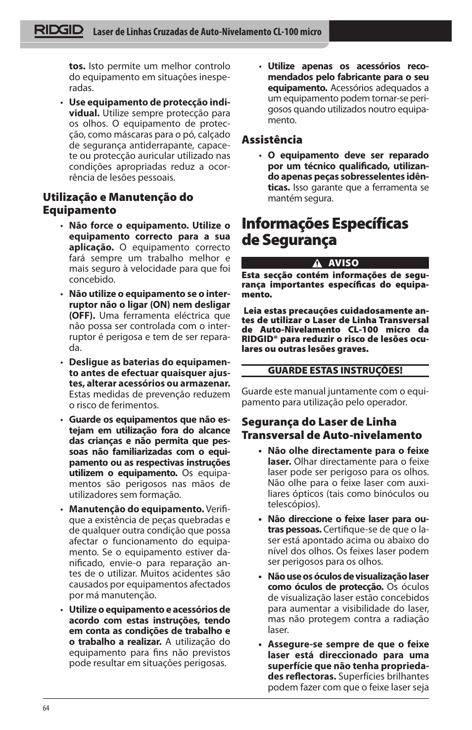 Informações específicas de segurança, Utilização e manutenção do equipamento, Assistência | RIDGID micro CL-100 User Manual | Page 66 / 228