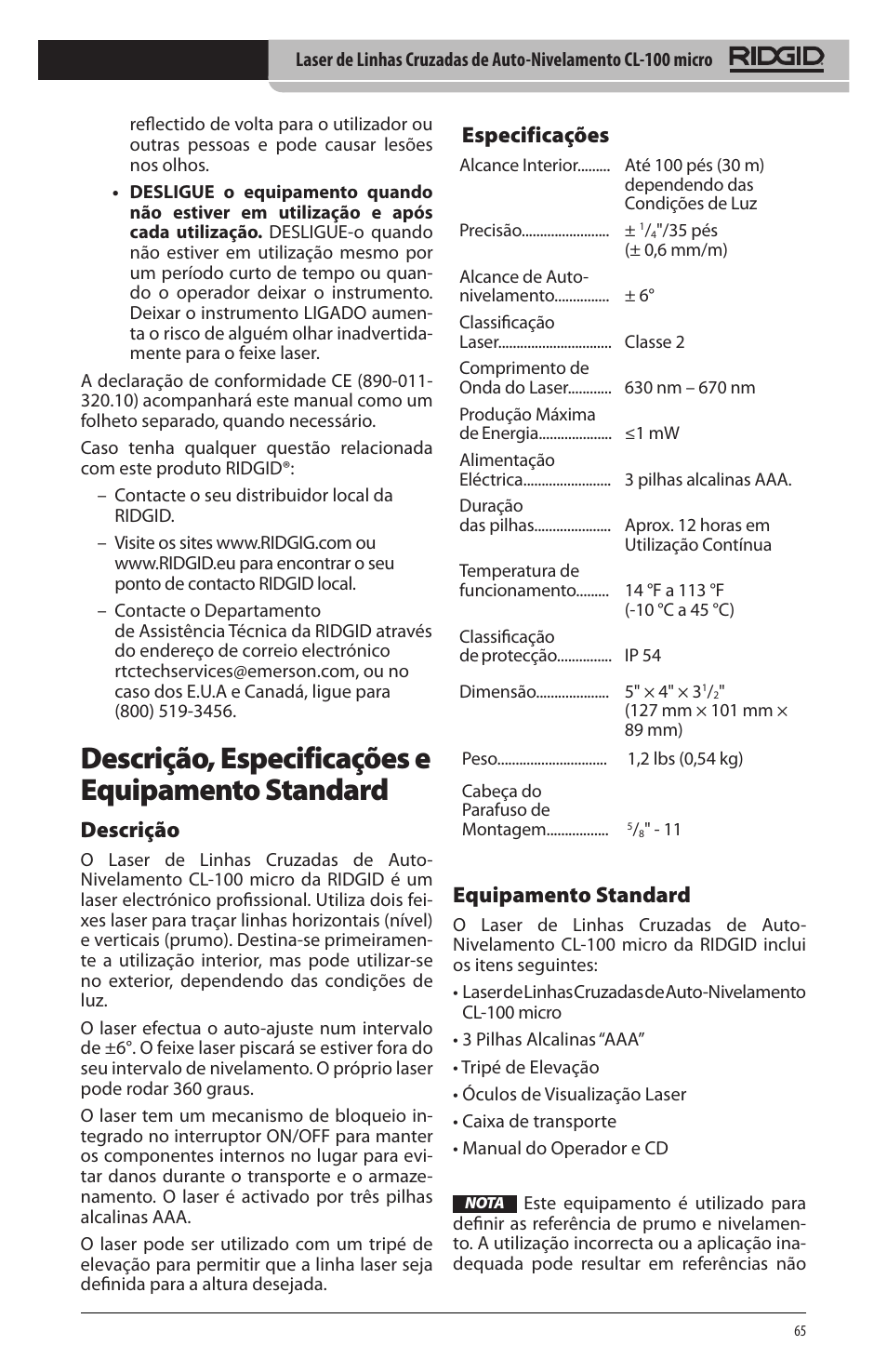 Descrição, especificações e equipamento standard, Descrição, Especificações | Equipamento standard | RIDGID micro CL-100 User Manual | Page 67 / 228