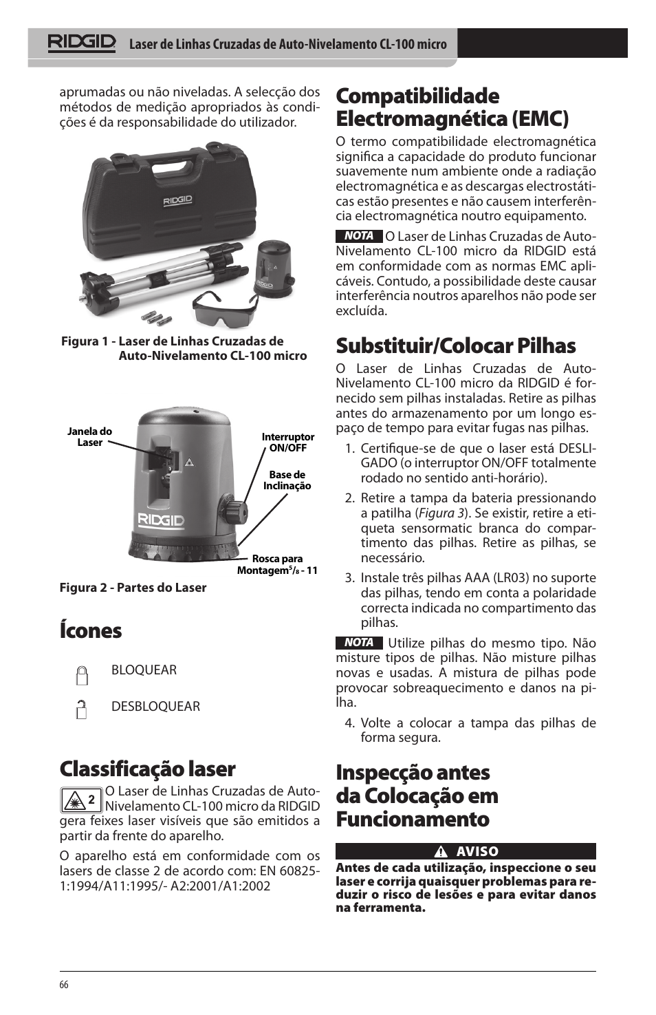 Ícones, Classificação laser, Compatibilidade electromagnética (emc) | Substituir/colocar pilhas, Inspecção antes da colocação em funcionamento | RIDGID micro CL-100 User Manual | Page 68 / 228