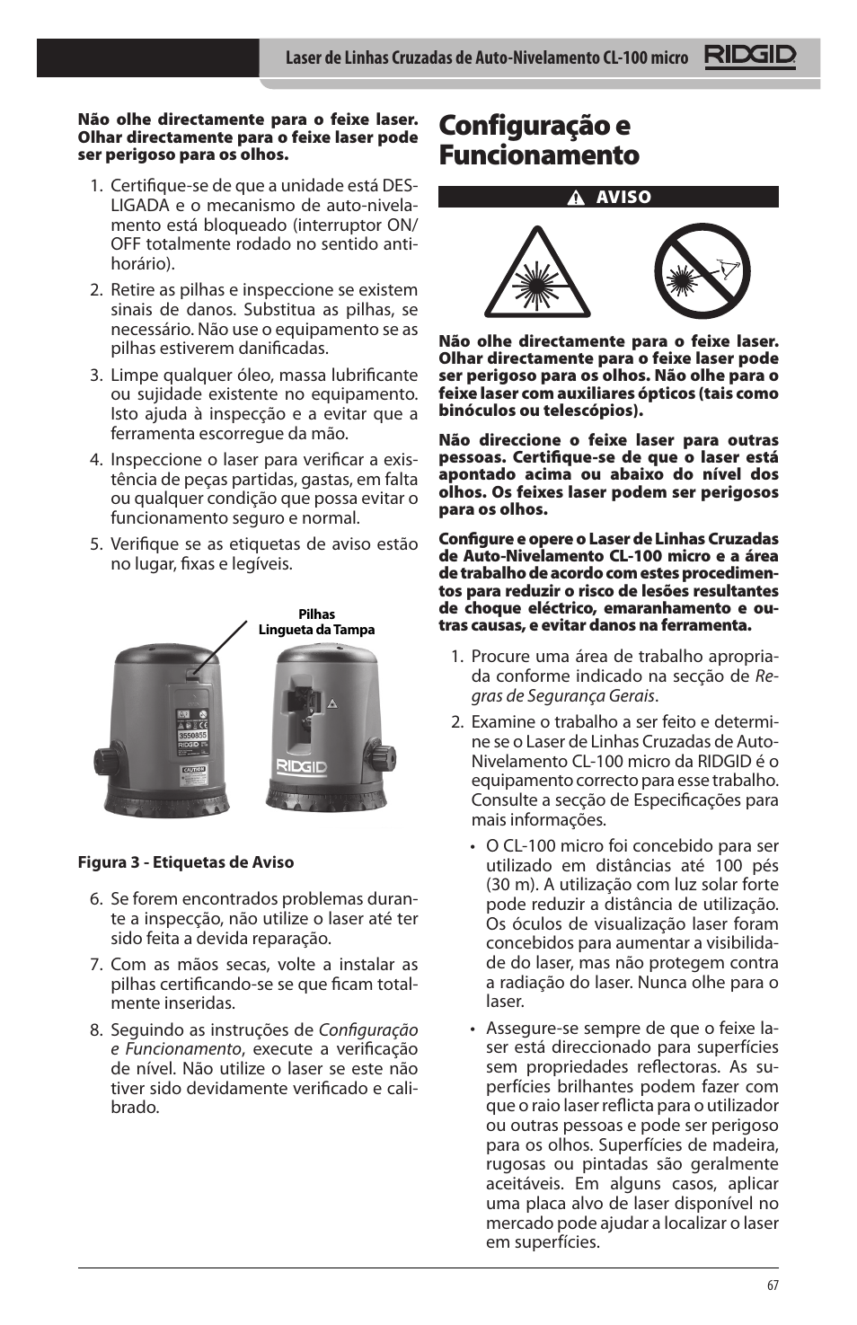 Configuração e funcionamento | RIDGID micro CL-100 User Manual | Page 69 / 228