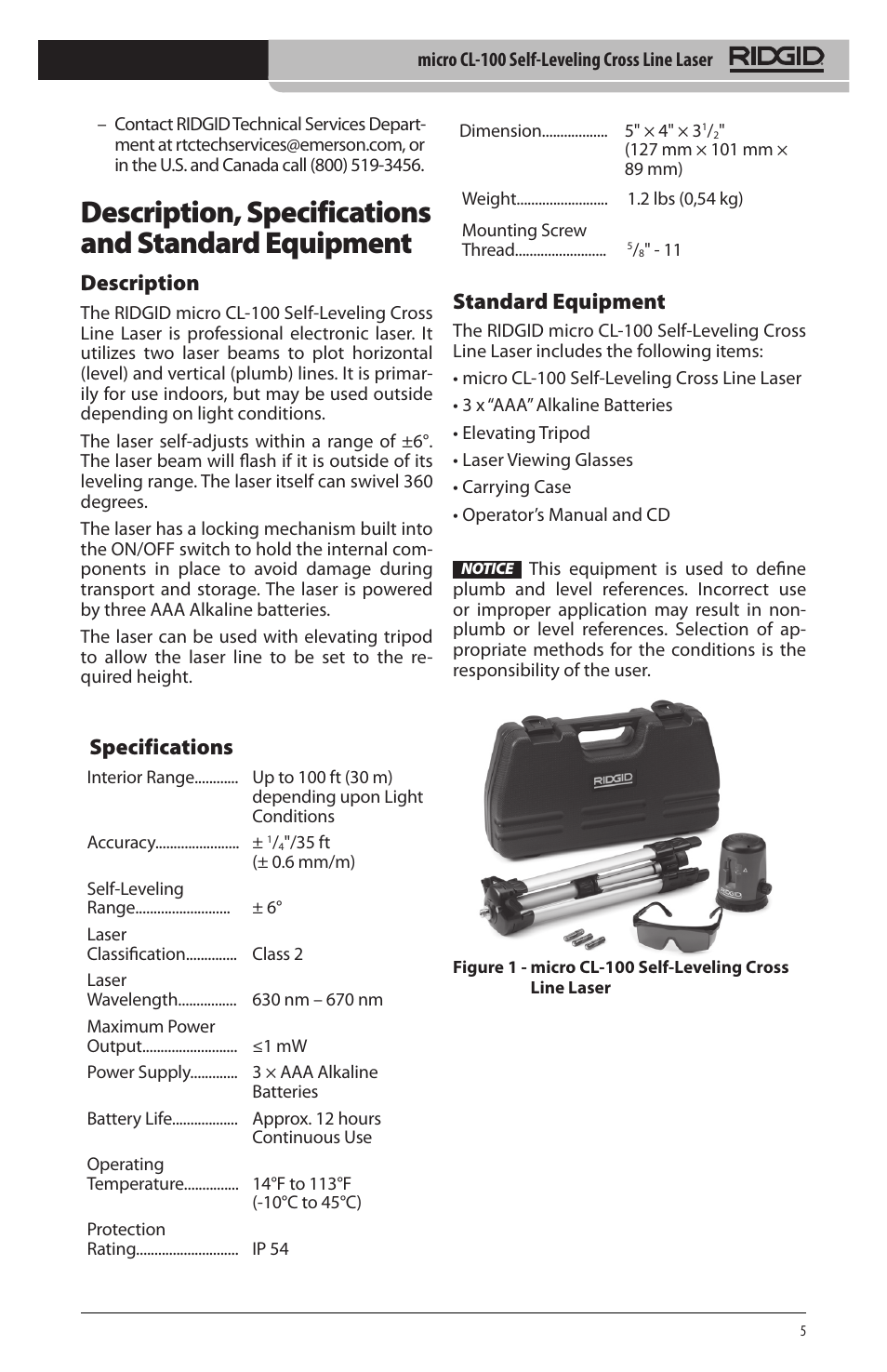 Description, specifications and standard equipment, Description, Specifications | Standard equipment | RIDGID micro CL-100 User Manual | Page 7 / 228