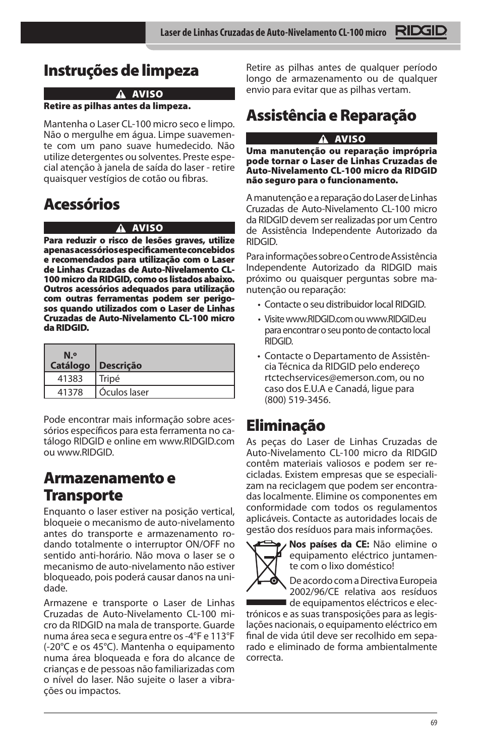 Instruções de limpeza, Acessórios, Armazenamento e transporte | Assistência e reparação, Eliminação | RIDGID micro CL-100 User Manual | Page 71 / 228