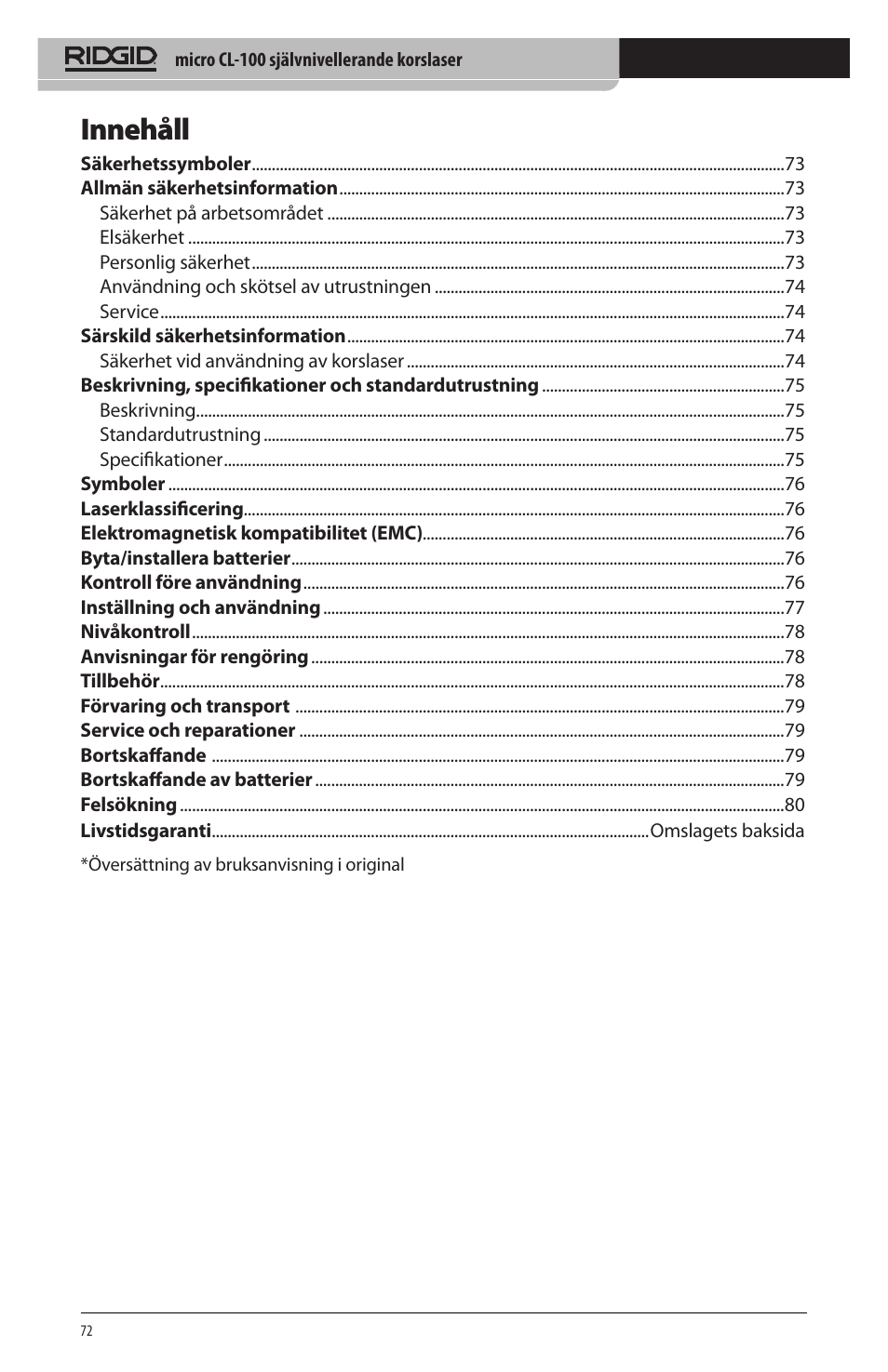 Innehåll | RIDGID micro CL-100 User Manual | Page 74 / 228