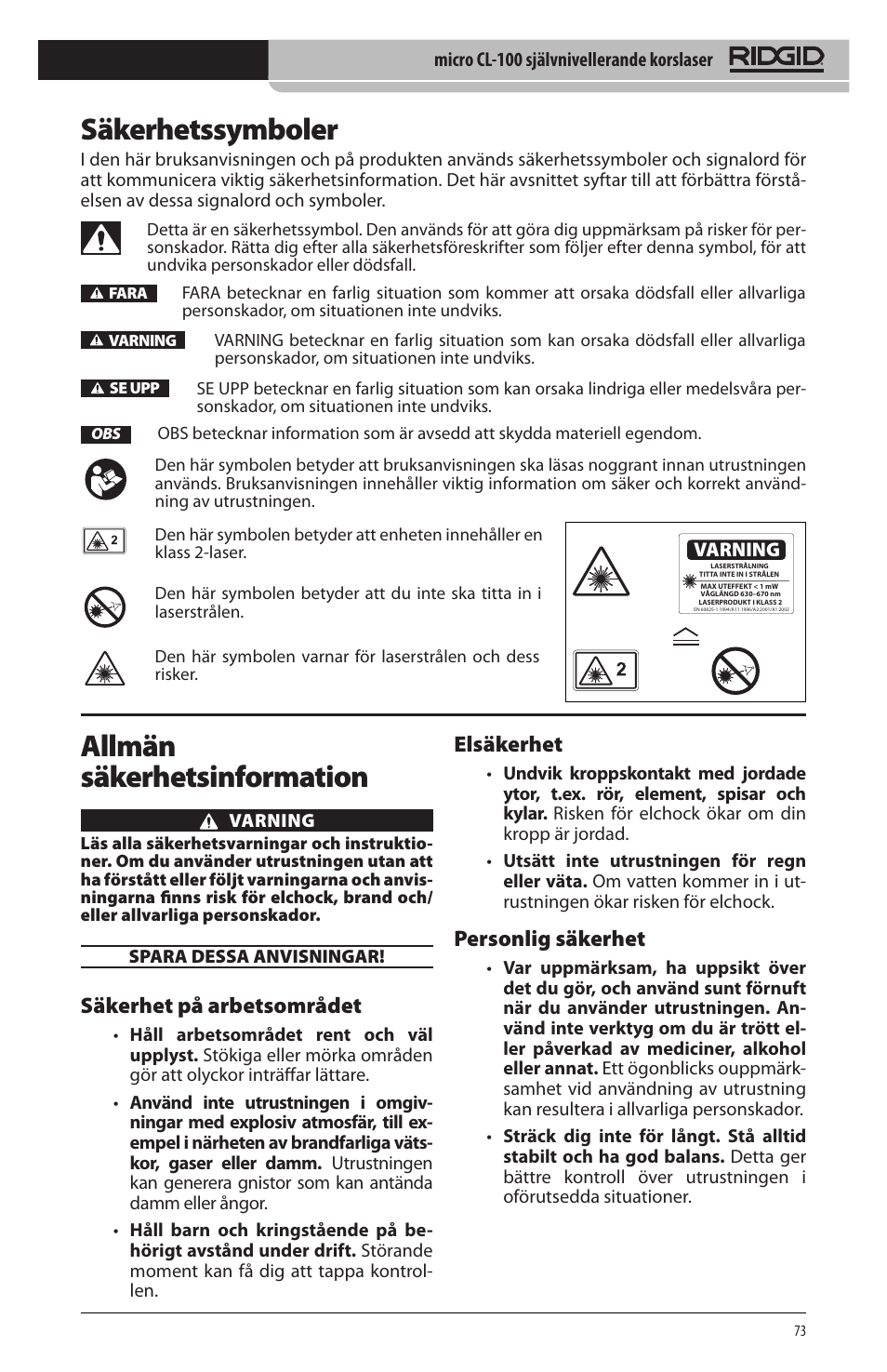 Säkerhetssymboler, Allmän säkerhetsinformation, Säkerhet på arbetsområdet | Elsäkerhet, Personlig säkerhet | RIDGID micro CL-100 User Manual | Page 75 / 228