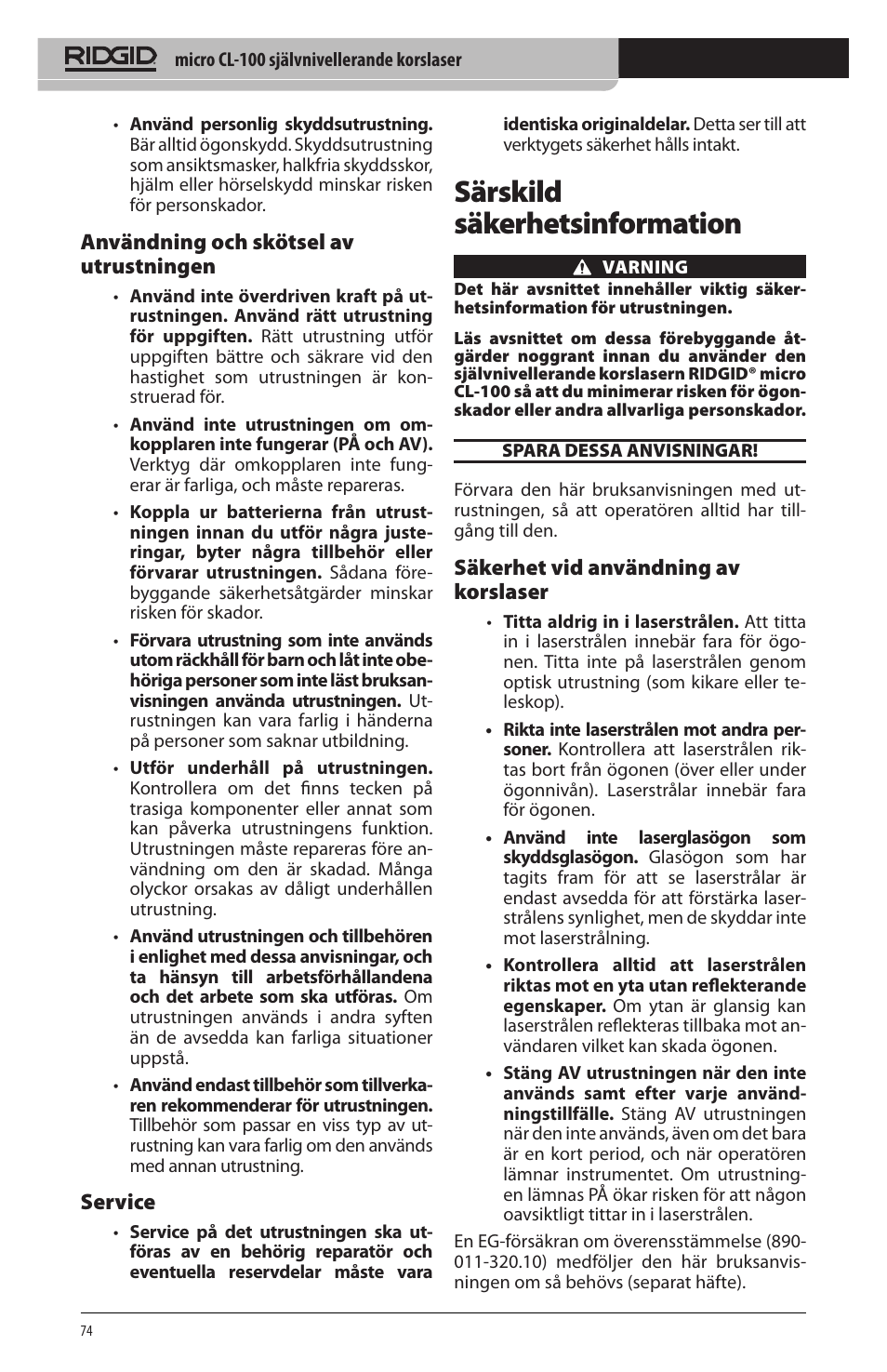 Särskild säkerhetsinformation, Användning och skötsel av utrustningen, Service | Säkerhet vid användning av korslaser | RIDGID micro CL-100 User Manual | Page 76 / 228