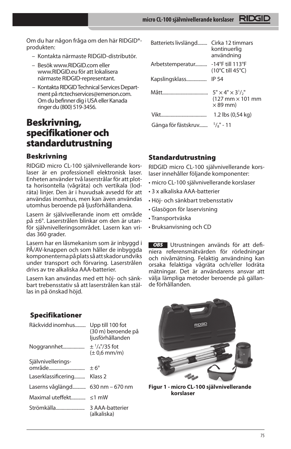 Beskrivning, Specifikationer, Standardutrustning | RIDGID micro CL-100 User Manual | Page 77 / 228