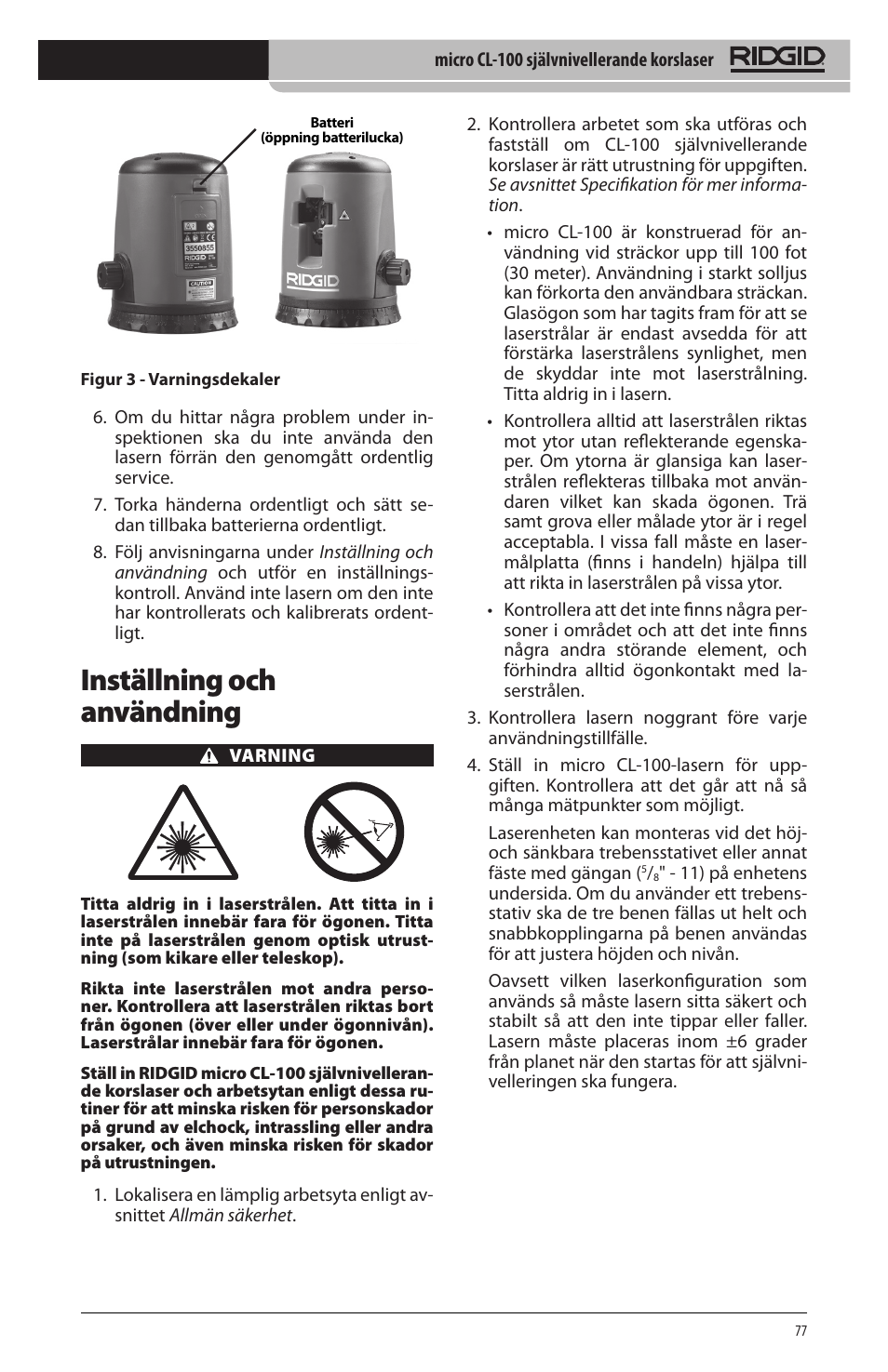 Inställning och användning | RIDGID micro CL-100 User Manual | Page 79 / 228