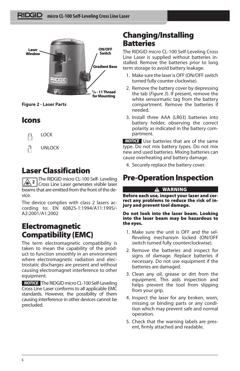 Icons, Laser classification, Electromagnetic compatibility (emc) | Changing/installing batteries, Pre‑operation inspection | RIDGID micro CL-100 User Manual | Page 8 / 228