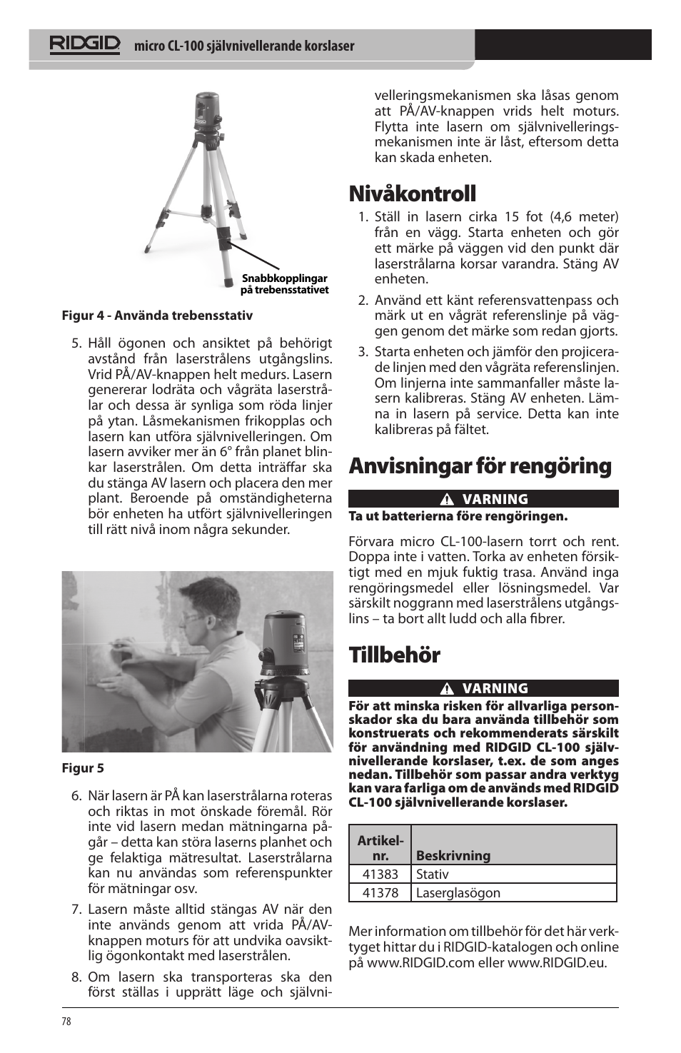 Nivåkontroll, Anvisningar för rengöring, Tillbehör | RIDGID micro CL-100 User Manual | Page 80 / 228