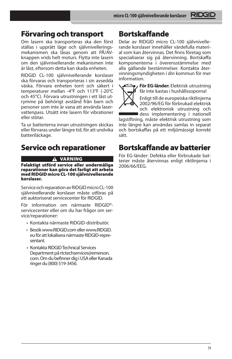 Förvaring och transport, Service och reparationer, Bortskaffande | Bortskaffande av batterier | RIDGID micro CL-100 User Manual | Page 81 / 228