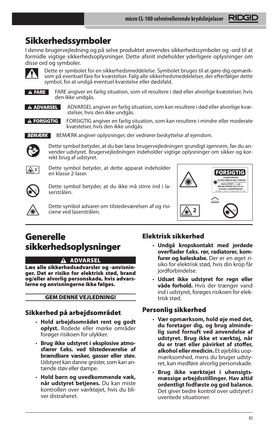 Sikkerhedssymboler, Generelle sikkerhedsoplysninger, Sikkerhed på arbejdsområdet | Elektrisk sikkerhed, Personlig sikkerhed | RIDGID micro CL-100 User Manual | Page 85 / 228