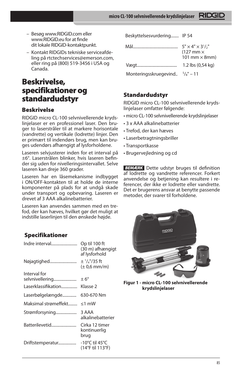 Beskrivelse, specifikationer og standardudstyr, Beskrivelse, Specifikationer | Standardudstyr | RIDGID micro CL-100 User Manual | Page 87 / 228