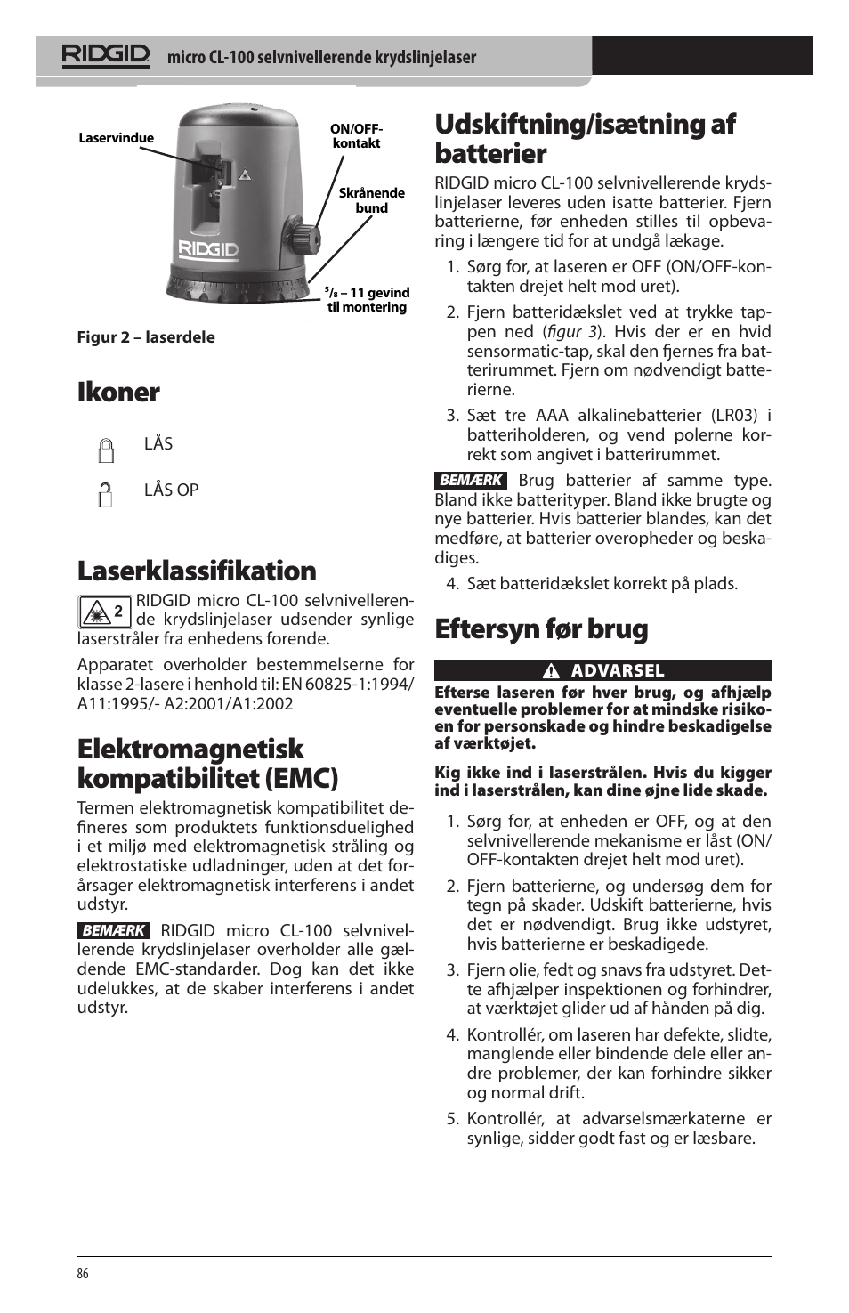 Ikoner, Laserklassifikation, Elektromagnetisk kompatibilitet (emc) | Udskiftning/isætning af batterier, Eftersyn før brug | RIDGID micro CL-100 User Manual | Page 88 / 228