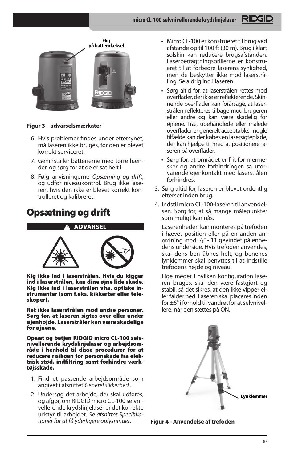 Opsætning og drift | RIDGID micro CL-100 User Manual | Page 89 / 228