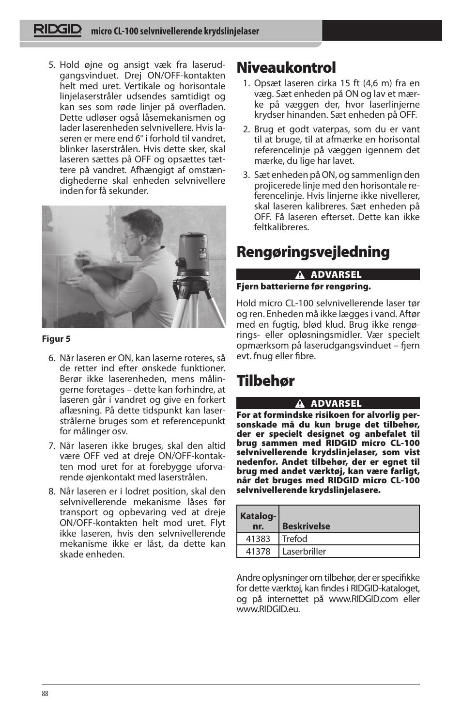 Niveaukontrol, Rengøringsvejledning, Tilbehør | RIDGID micro CL-100 User Manual | Page 90 / 228