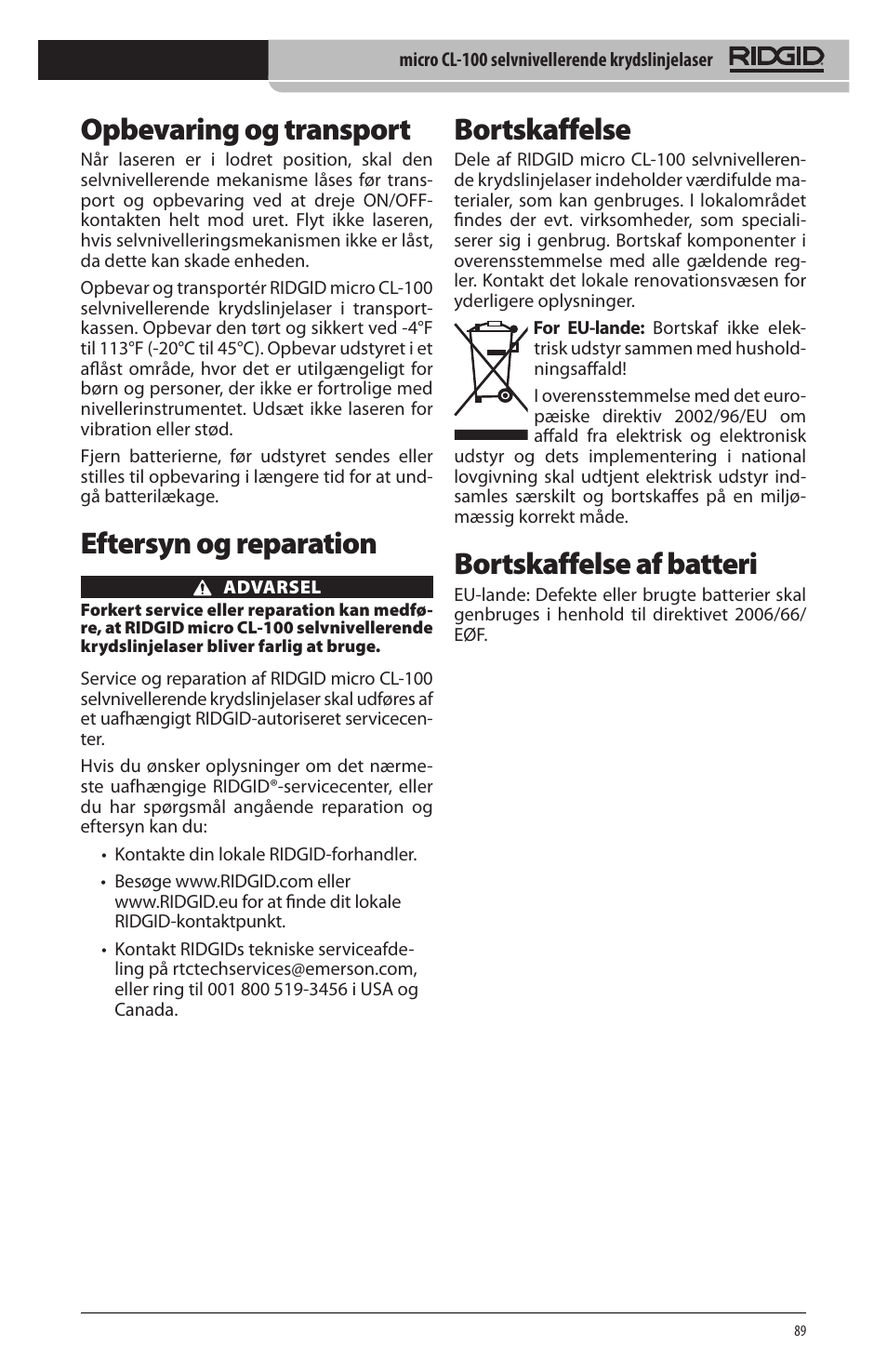 Opbevaring og transport, Eftersyn og reparation, Bortskaffelse | Bortskaffelse af batteri | RIDGID micro CL-100 User Manual | Page 91 / 228