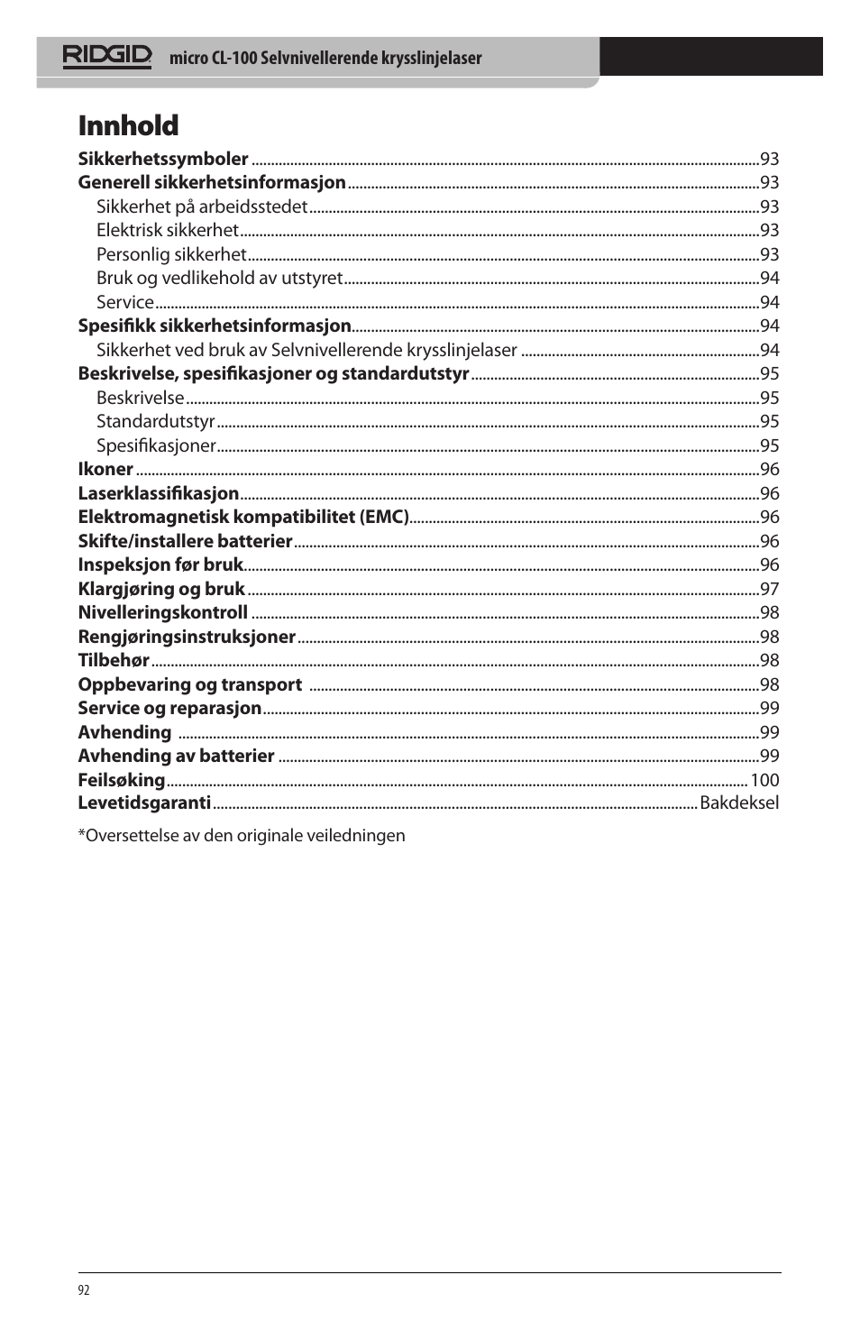 Innhold | RIDGID micro CL-100 User Manual | Page 94 / 228