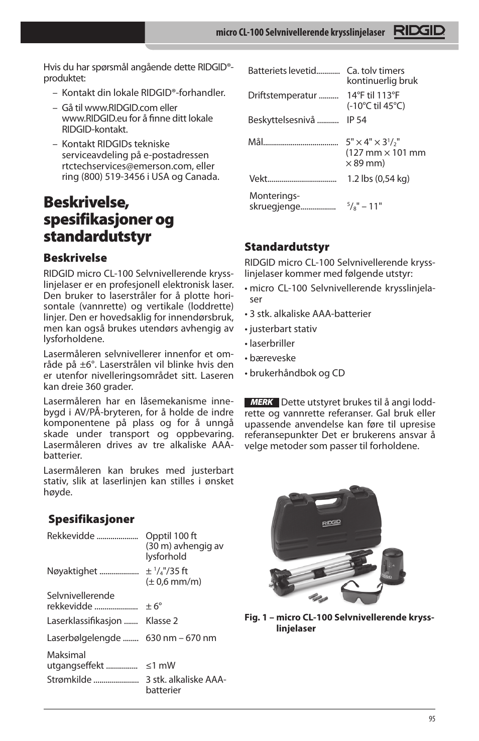 Beskrivelse, spesifikasjoner og standardutstyr, Beskrivelse, Spesifikasjoner | Standardutstyr | RIDGID micro CL-100 User Manual | Page 97 / 228