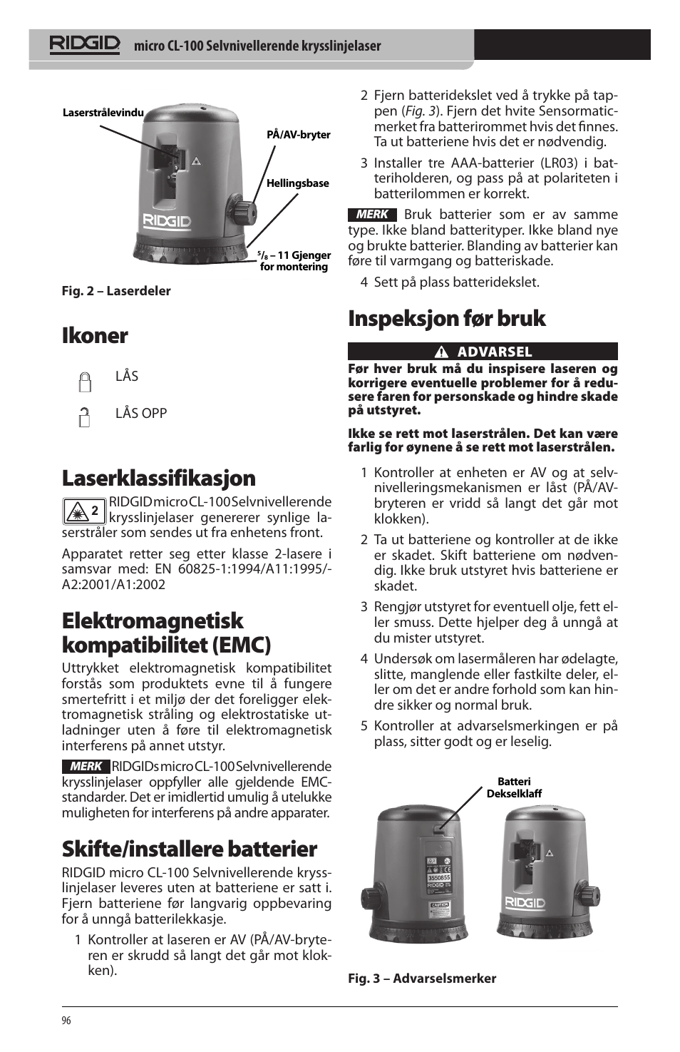 Ikoner, Laserklassifikasjon, Elektromagnetisk kompatibilitet (emc) | Skifte/installere batterier, Inspeksjon før bruk | RIDGID micro CL-100 User Manual | Page 98 / 228