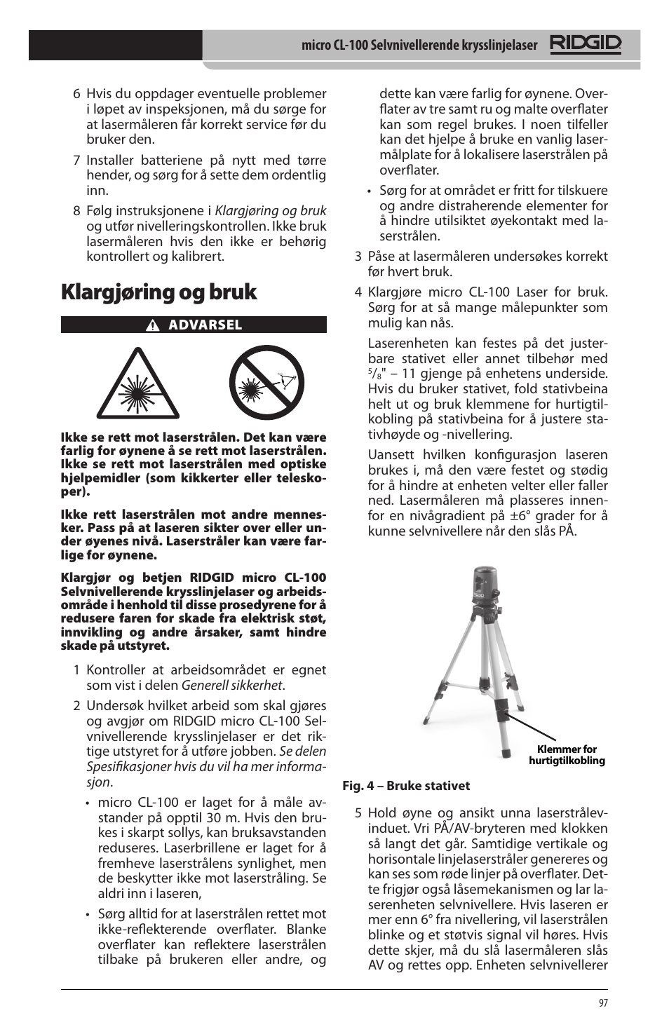 Klargjøring og bruk | RIDGID micro CL-100 User Manual | Page 99 / 228