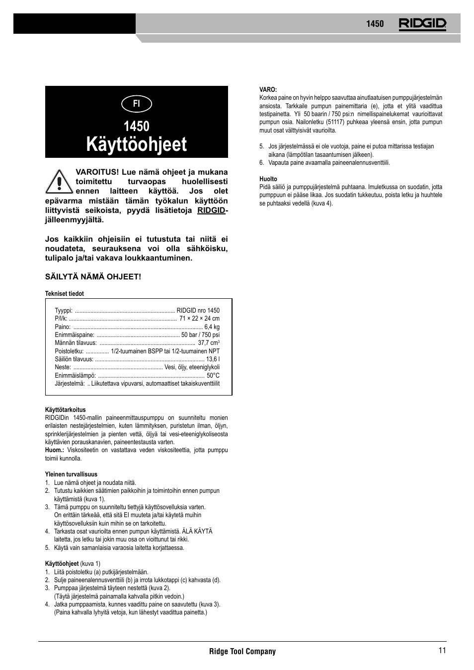 Käyttöohjeet | RIDGID 1450 User Manual | Page 12 / 21