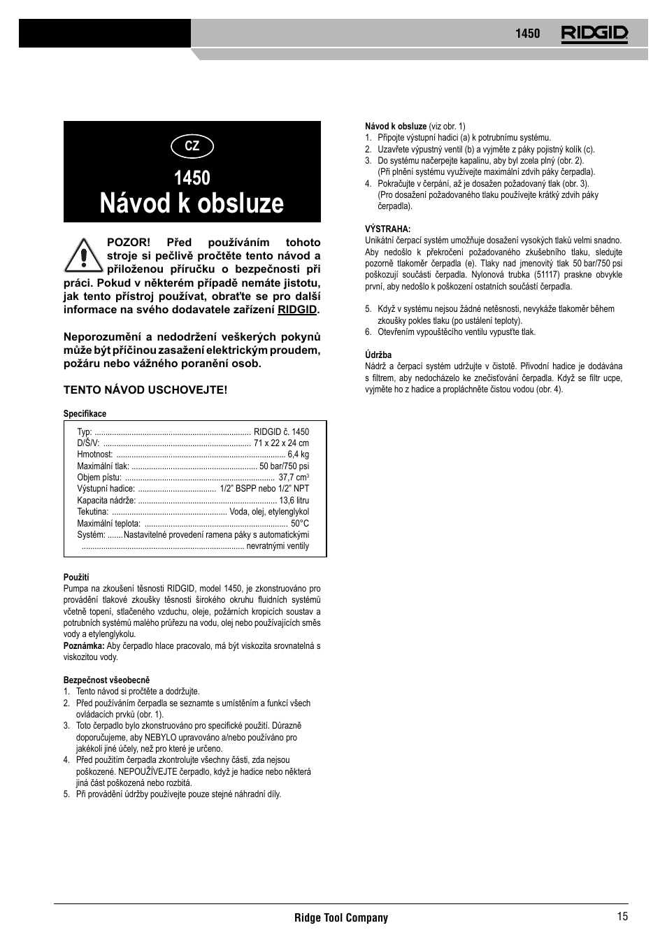 Návod k obsluze | RIDGID 1450 User Manual | Page 16 / 21