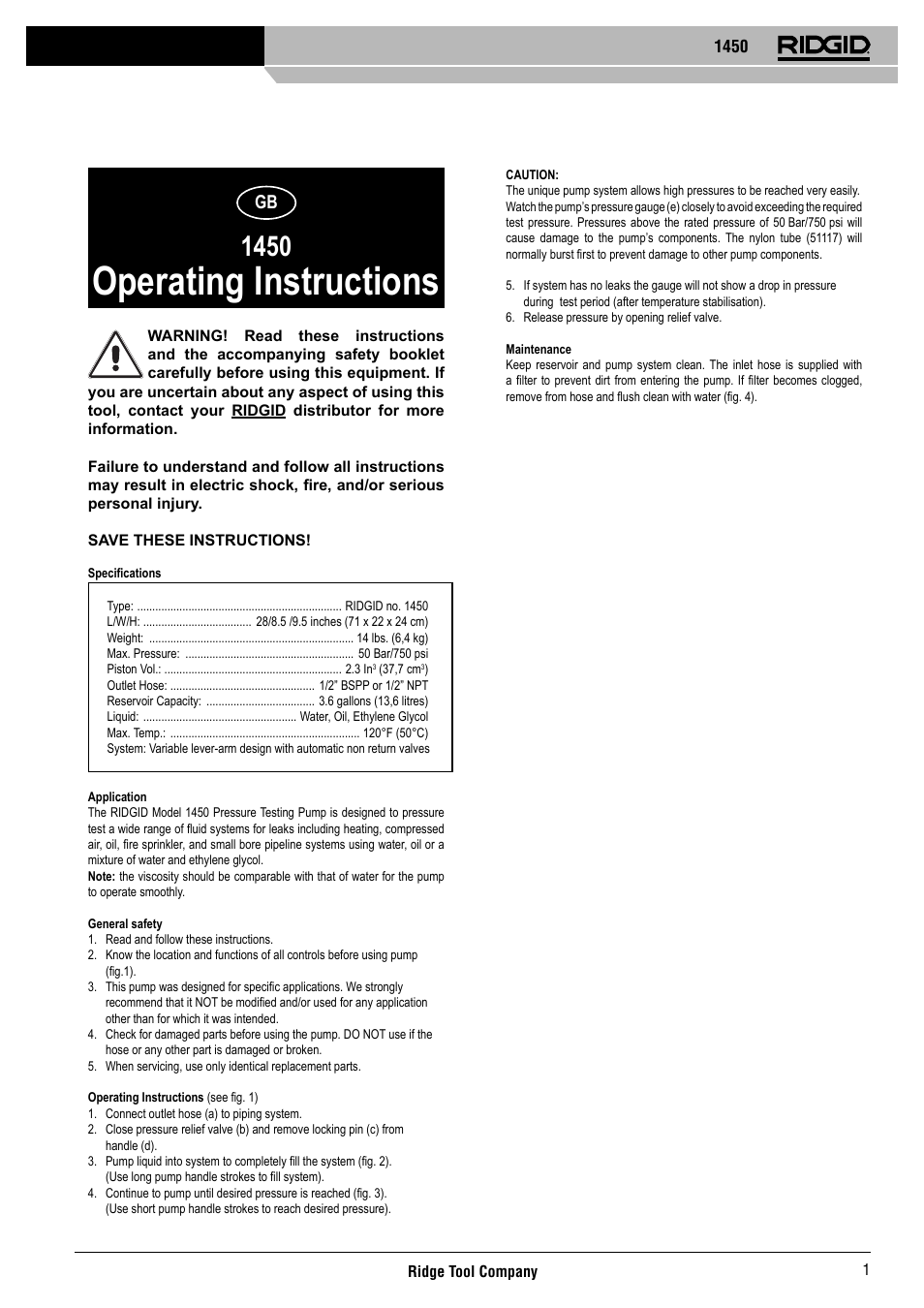 Operating instructions | RIDGID 1450 User Manual | Page 2 / 21