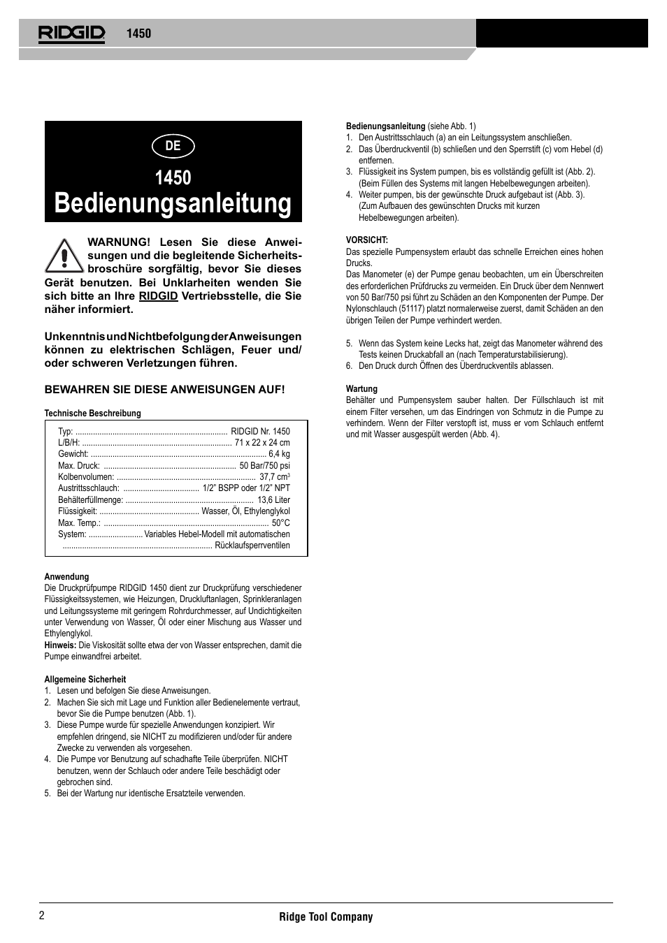Bedienungsanleitung | RIDGID 1450 User Manual | Page 3 / 21