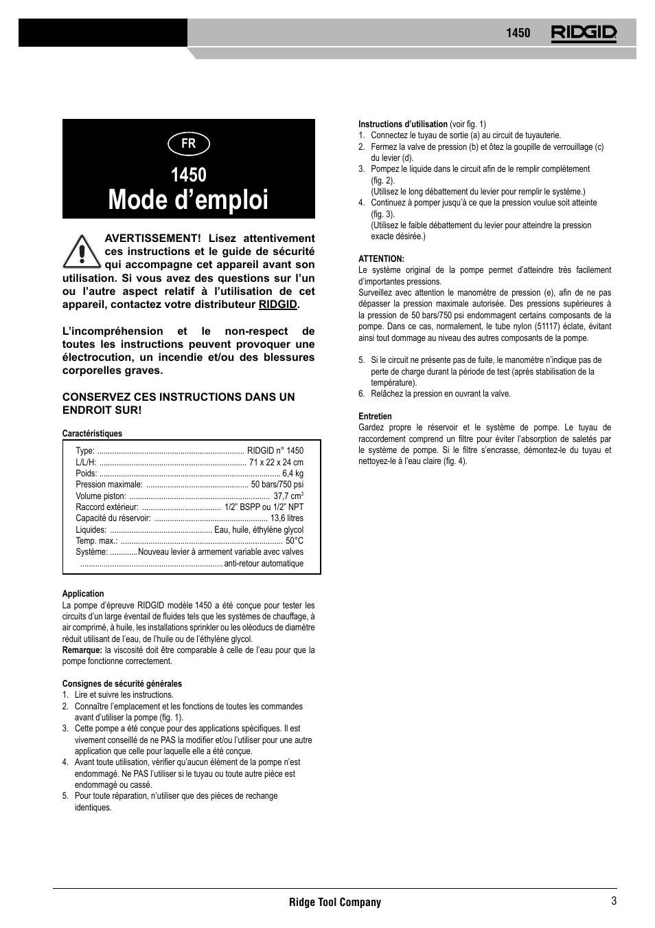 Mode d’emploi | RIDGID 1450 User Manual | Page 4 / 21