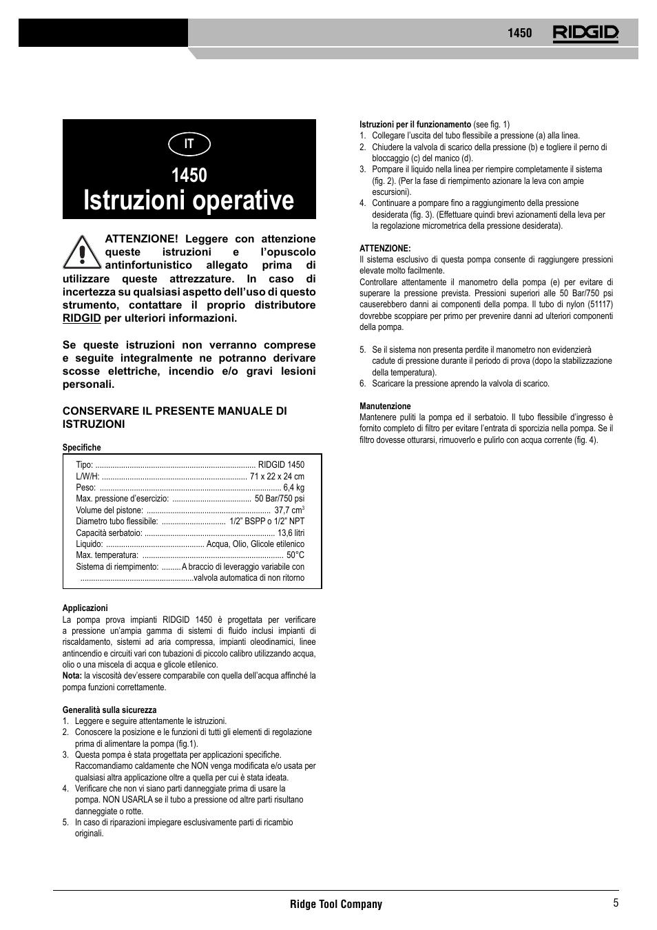 Istruzioni operative | RIDGID 1450 User Manual | Page 6 / 21