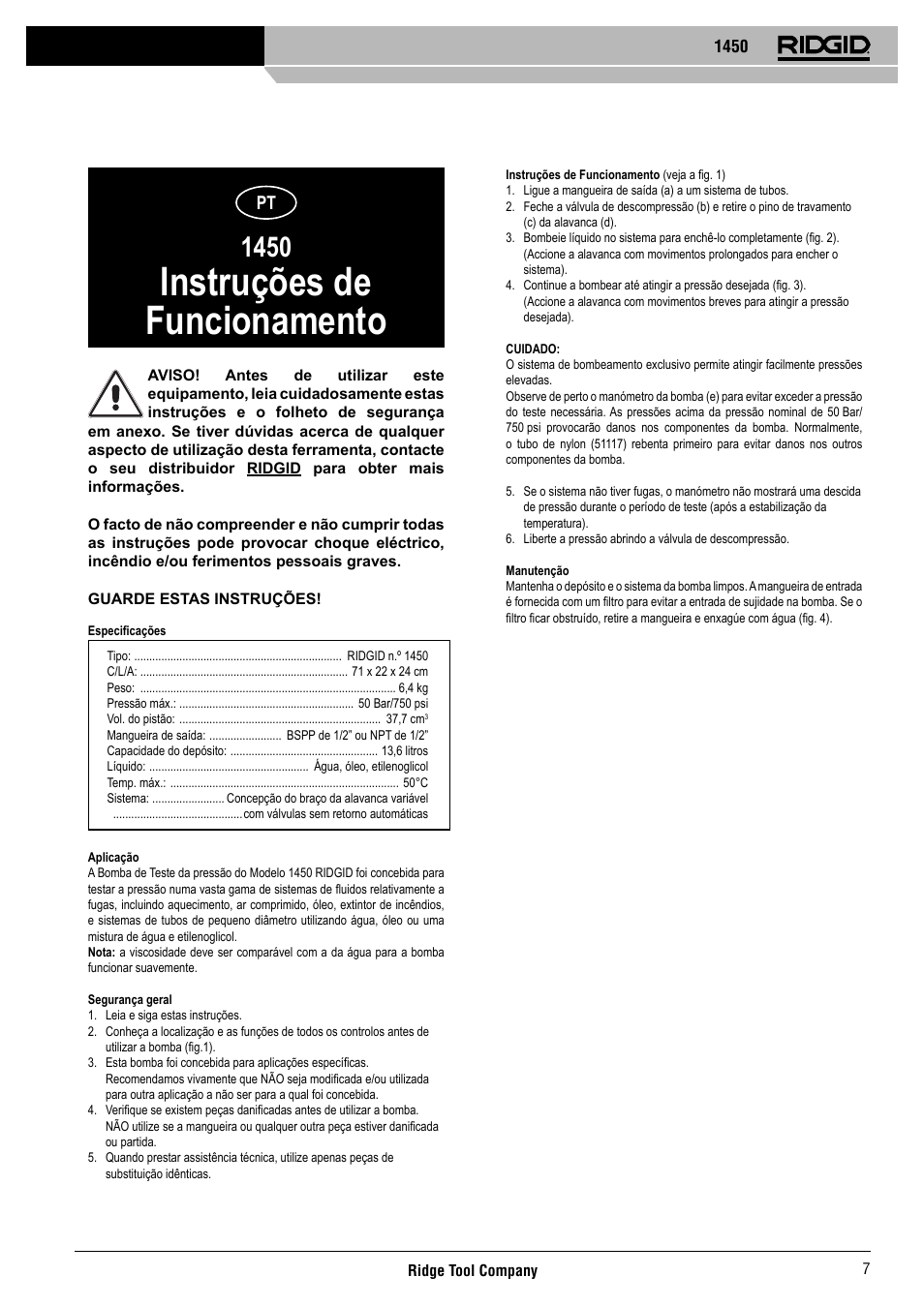 Instruções de funcionamento | RIDGID 1450 User Manual | Page 8 / 21