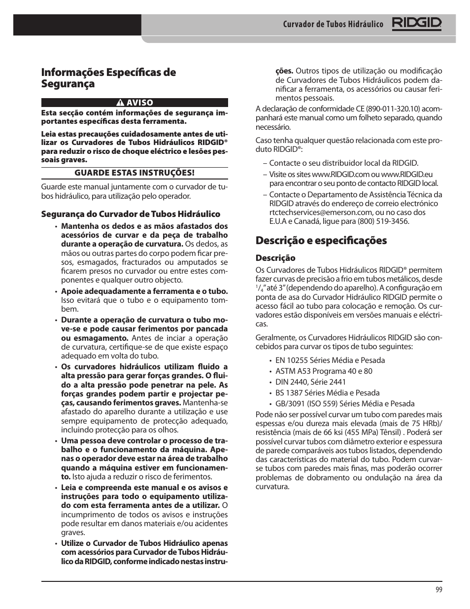 Descrição e especificações, Informações específicas de segurança | RIDGID Hydraulic Pipe Bender User Manual | Page 101 / 358