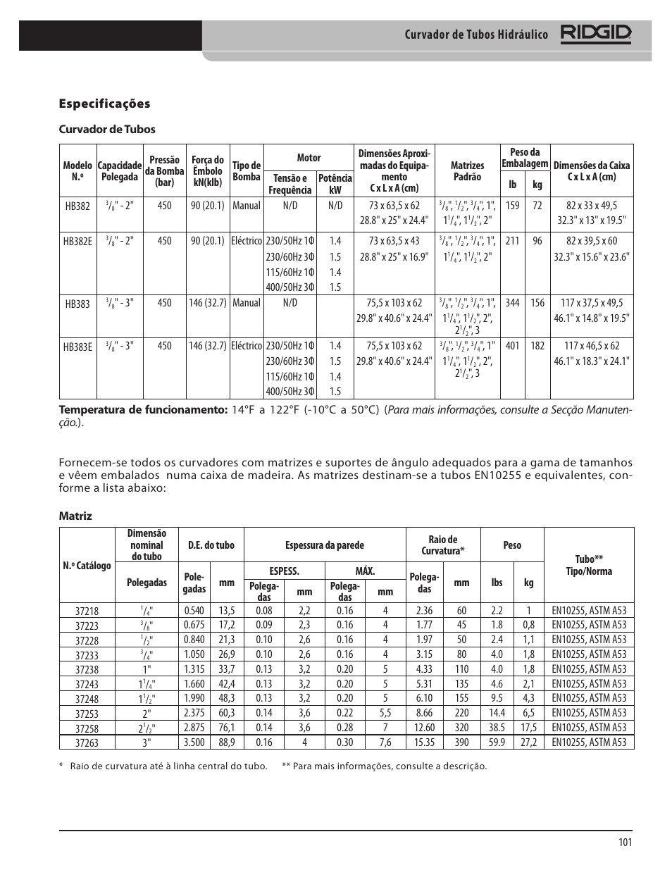 Curvador de tubos hidráulico | RIDGID Hydraulic Pipe Bender User Manual | Page 103 / 358