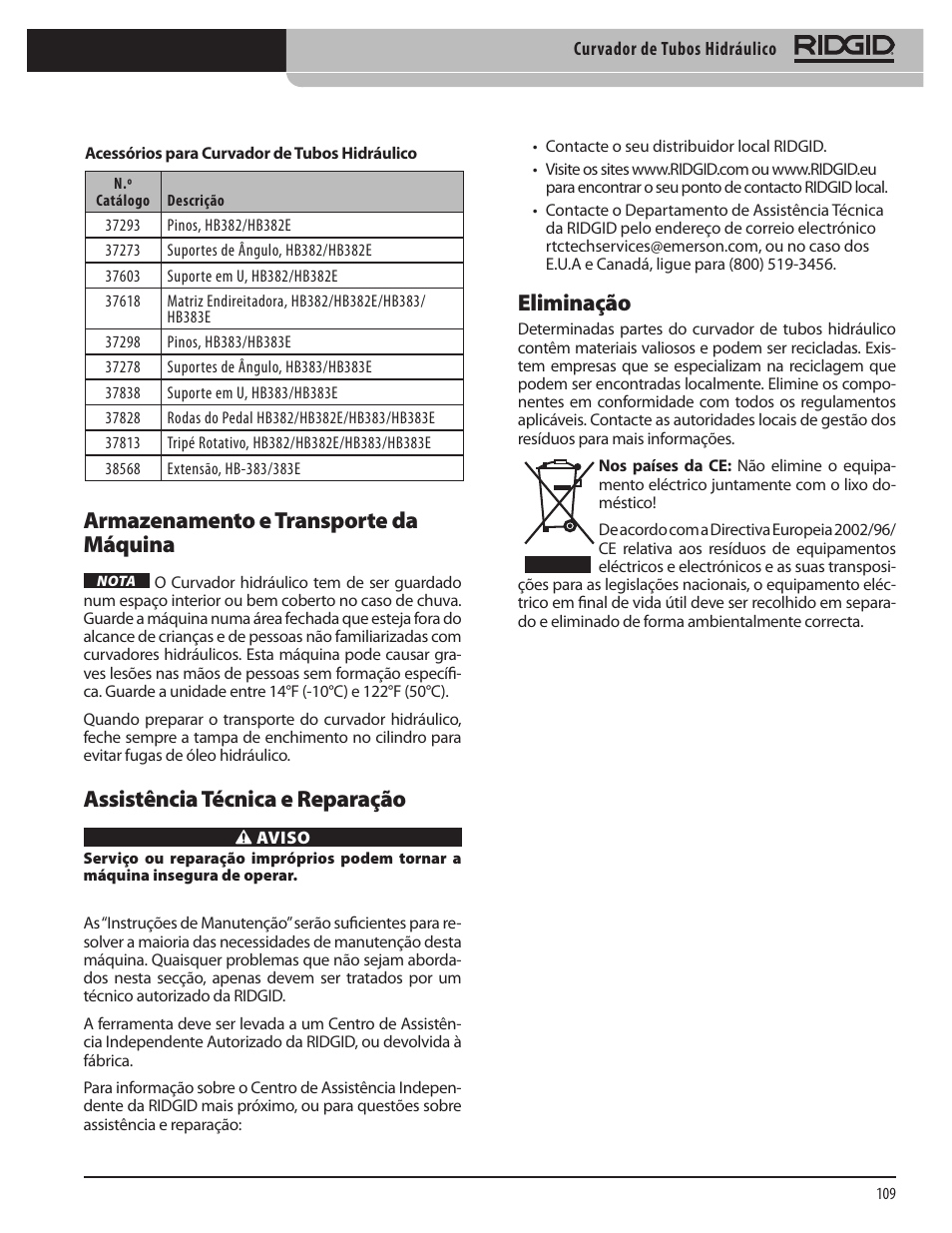 Eliminação, Armazenamento e transporte da máquina, Assistência técnica e reparação | RIDGID Hydraulic Pipe Bender User Manual | Page 111 / 358