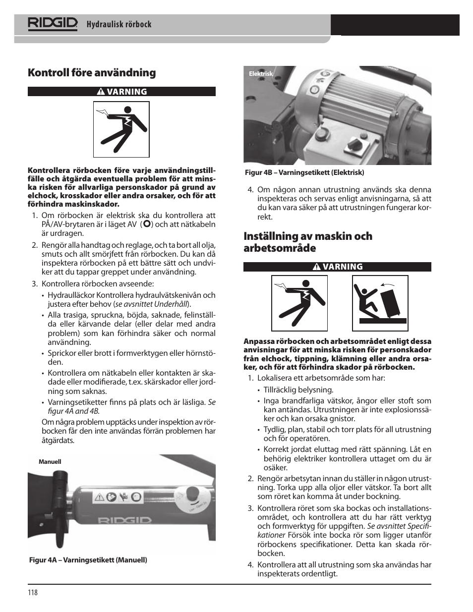 Kontroll före användning, Inställning av maskin och arbetsområde | RIDGID Hydraulic Pipe Bender User Manual | Page 120 / 358