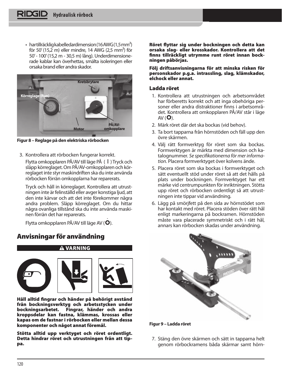 Anvisningar för användning | RIDGID Hydraulic Pipe Bender User Manual | Page 122 / 358