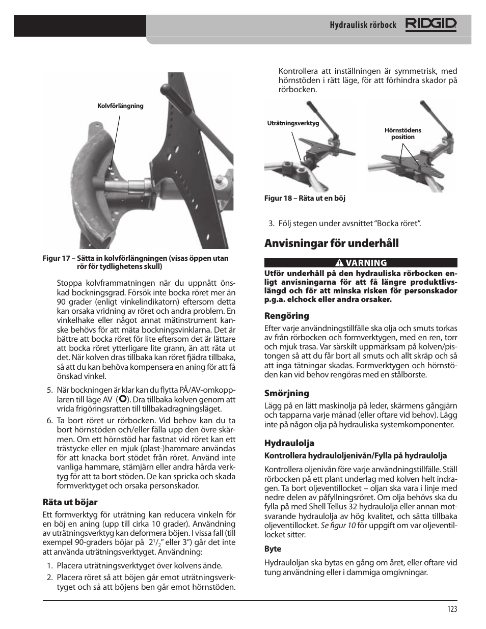 Anvisningar för underhåll | RIDGID Hydraulic Pipe Bender User Manual | Page 125 / 358