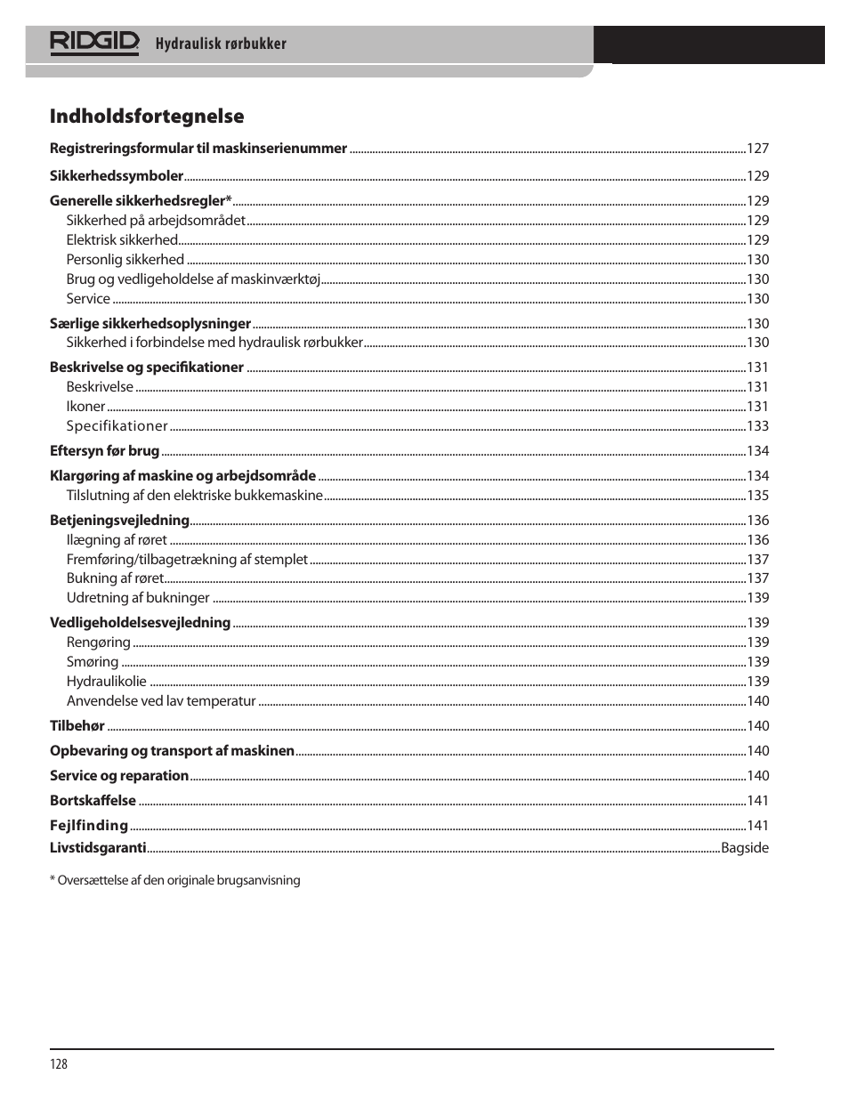 Indholdsfortegnelse | RIDGID Hydraulic Pipe Bender User Manual | Page 130 / 358