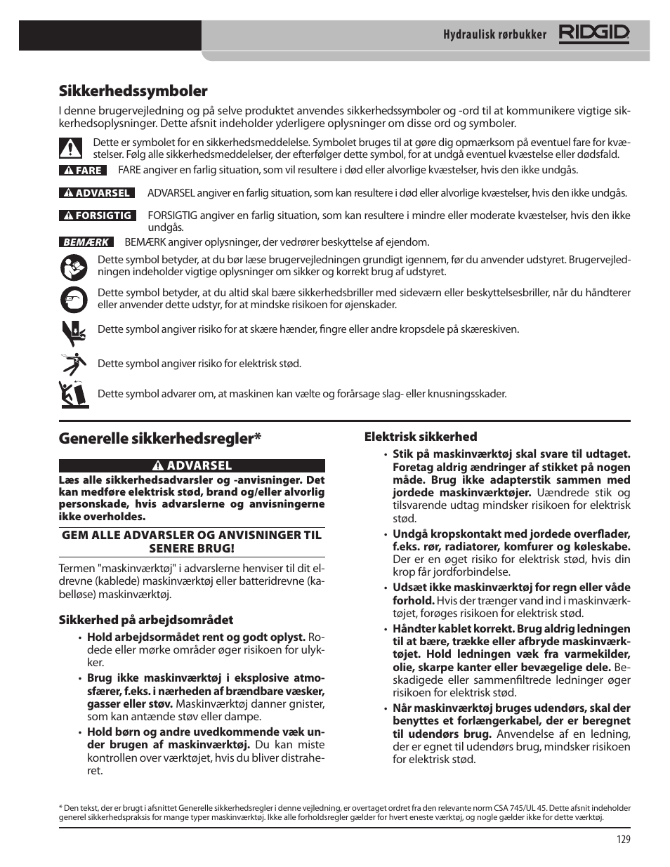 Sikkerhedssymboler, Generelle sikkerhedsregler | RIDGID Hydraulic Pipe Bender User Manual | Page 131 / 358