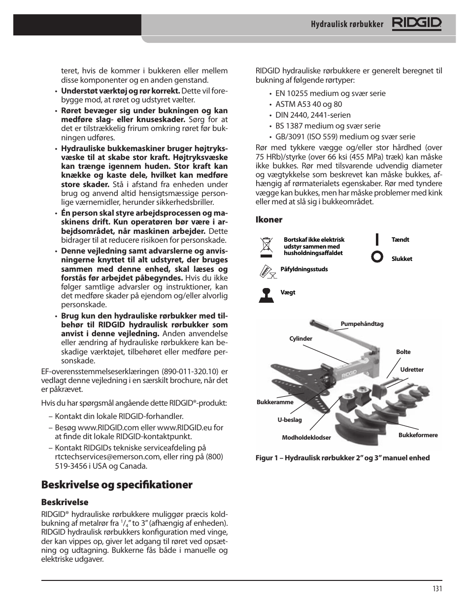 Beskrivelse og specifikationer | RIDGID Hydraulic Pipe Bender User Manual | Page 133 / 358