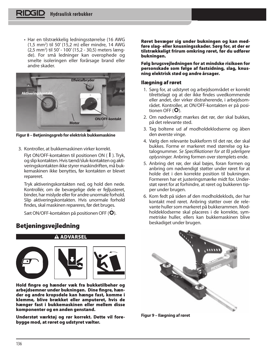 Betjeningsvejledning | RIDGID Hydraulic Pipe Bender User Manual | Page 138 / 358
