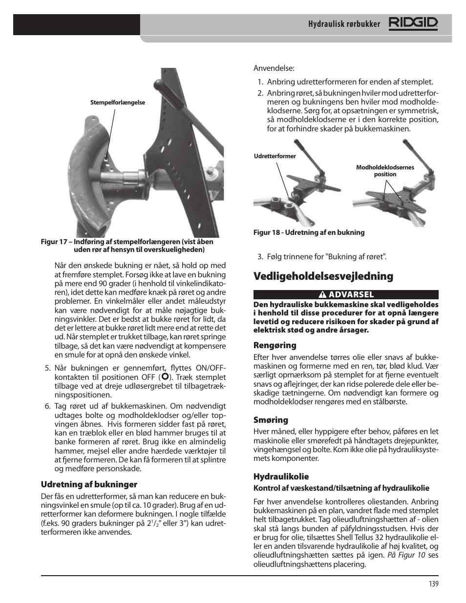 Vedligeholdelsesvejledning | RIDGID Hydraulic Pipe Bender User Manual | Page 141 / 358