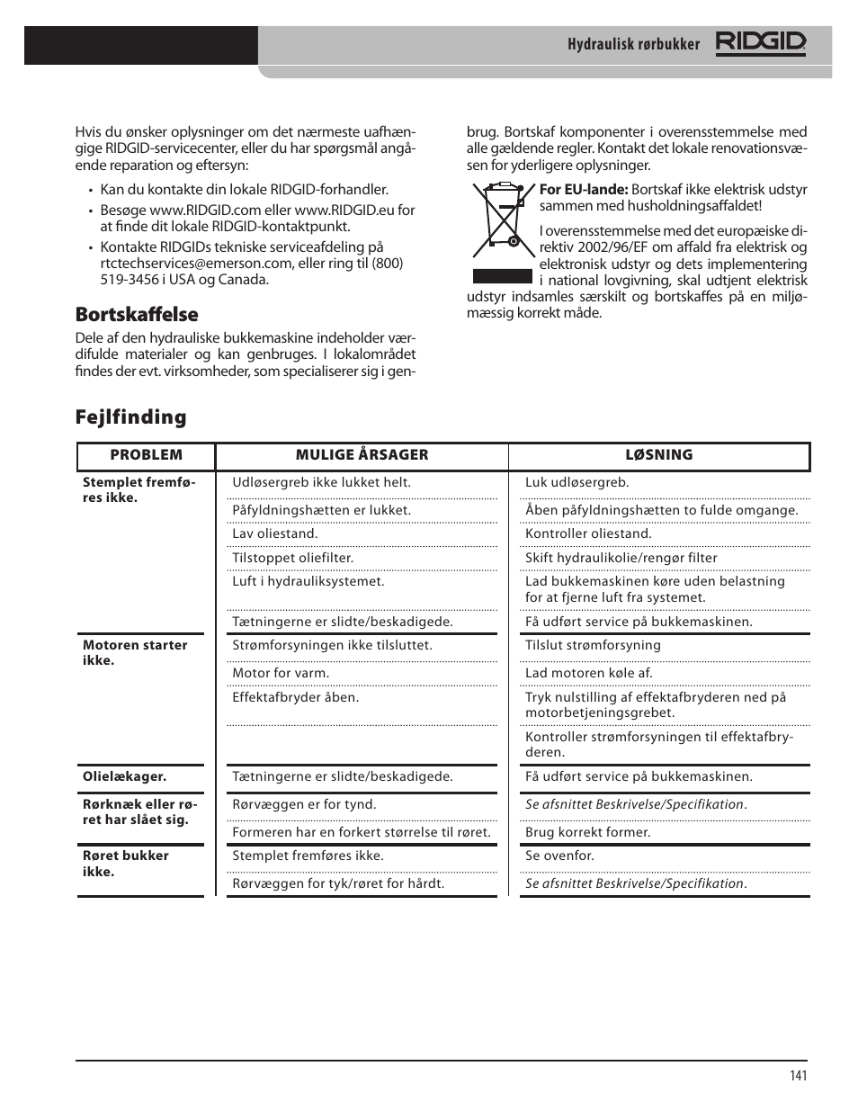 Bortskaffelse, Fejlfinding | RIDGID Hydraulic Pipe Bender User Manual | Page 143 / 358