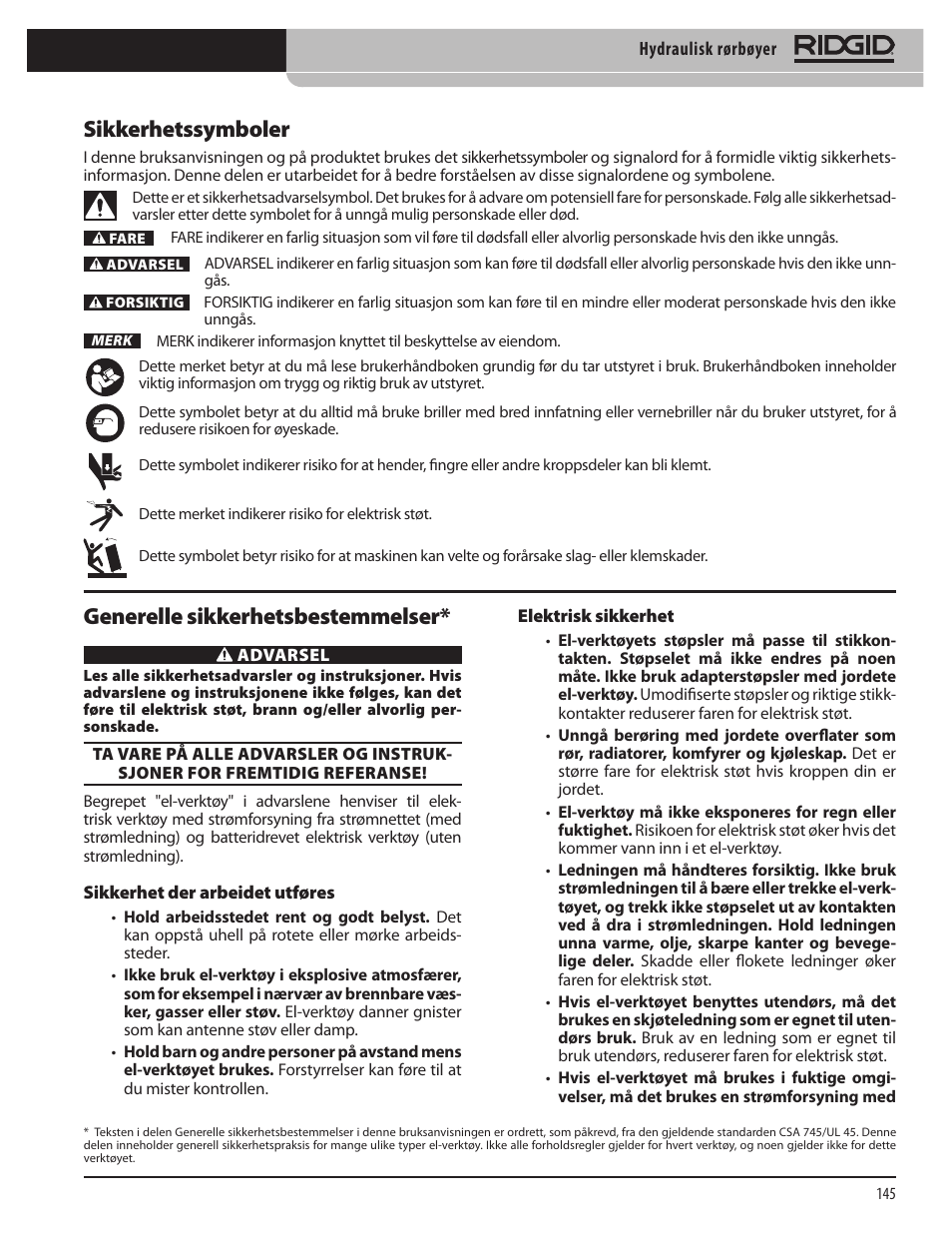 Sikkerhetssymboler, Generelle sikkerhetsbestemmelser | RIDGID Hydraulic Pipe Bender User Manual | Page 147 / 358